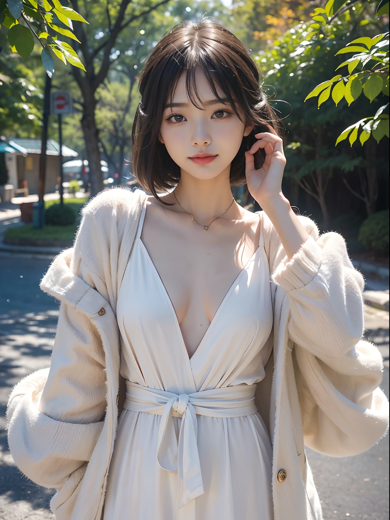 Woman in autumn clothes in the city、Pose with your hands raised、drooing eyes: 1.3,, (in 8K) , master piece, (No retouching, Lip gloss, False eyelashes, Real Skin, of the highest quality, 超A high resolution, depth of fields, chromatic abberation, Caustics, Wide Lighting, Natural Shading))Korean Idols、Live action、Sauce order、Asian woman smiling at Alafe,、Young Pretty Gravure Idol, Young skinny gravure idol, Realistic Young Gravure Idol, Young Sensual Gravure Idol, Japanese Models, Shot with Canon EOA 6 D Mark II, taken with canon eos 5 d mark iv, Young Gravure Idol,