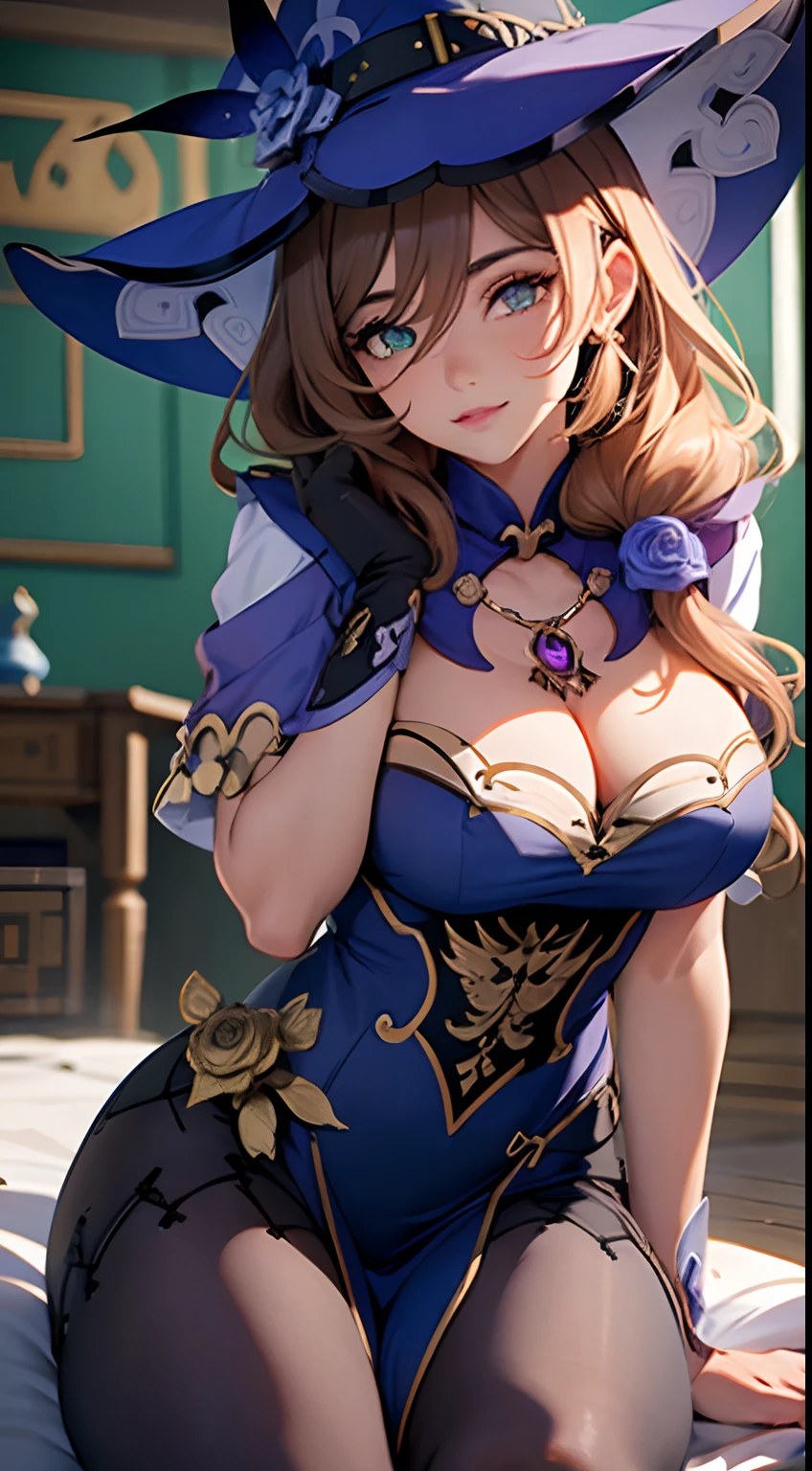 4k, sonriente, mirando al espectador, Cara Blushinh, Antecedentes de la biblioteca, Impacto de Lisa genshin, Vestido sexy ajustado, Medias sexys, tetona, (Obra maestra:1.2), La mejor calidad, High resolution, Unidad 8K Fondo de pantalla, (illustration:0.8), (hermosos ojos detallados:1.6), Cara extremadamente detallada, Perfect lighting, CG extremadamente detallado, (Manos perfectas, Perfect anatomy), tight sexy dress, busty, lying down,