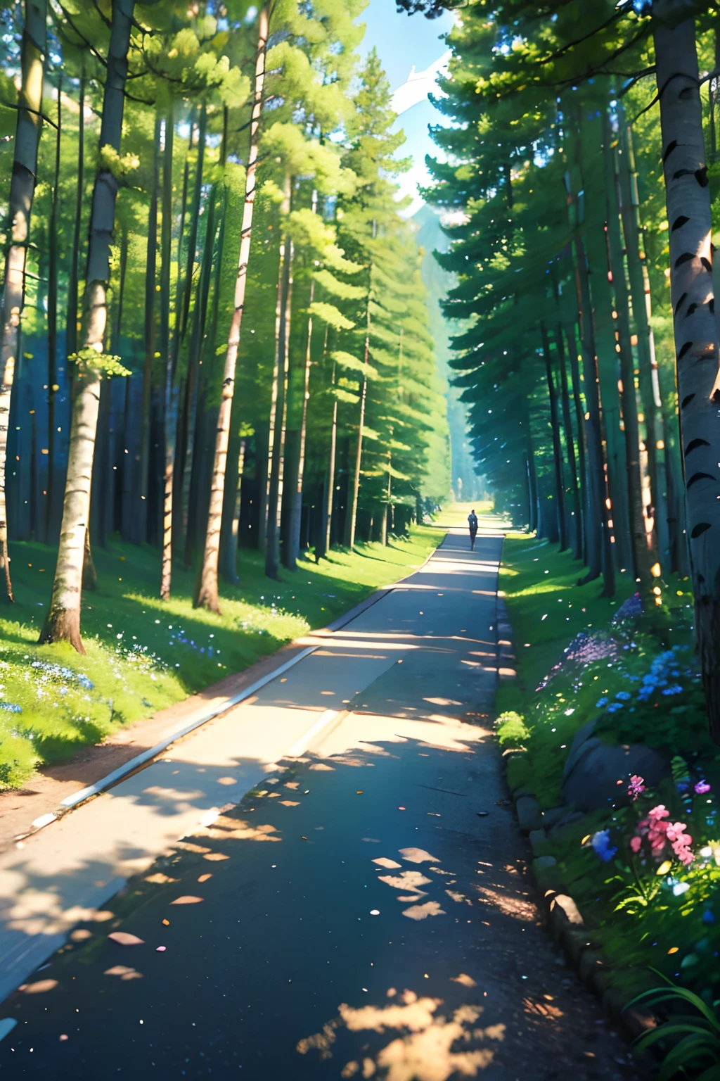 Mountain path, fir trees, birch trees, children playing, flowers, butterflies, flying birds, landscape, birds chirping, sunlight filtering through the trees, soft breeze, lush green foliage, sparkling water reflections, vibrant wildflowers, joyful laughter, carefree children's expressions, dynamic brushstrokes, mountain, harmonious composition.