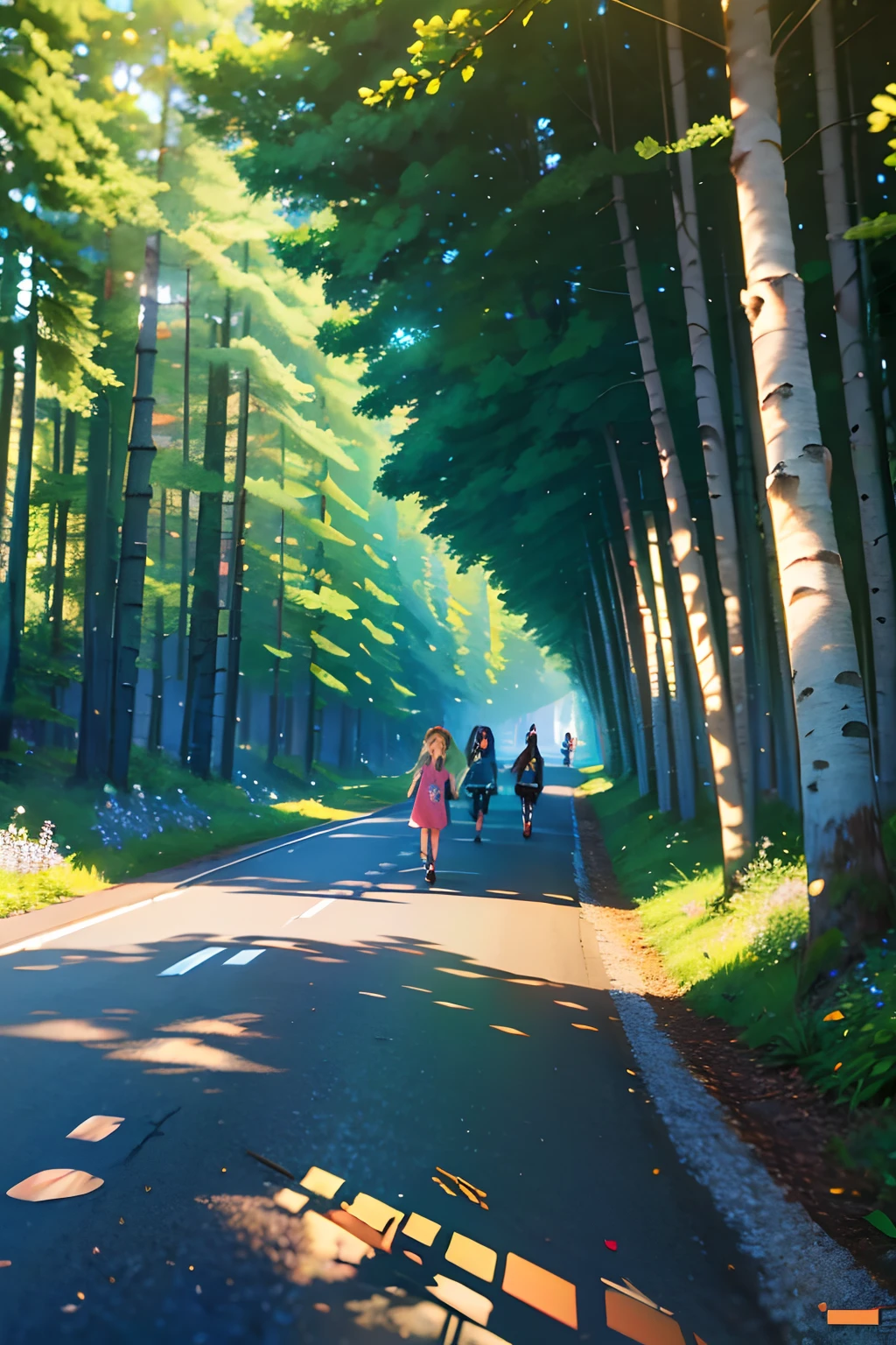 Mountain path, fir trees, birch trees, children playing, flowers, butterflies, flying birds, landscape, birds chirping, sunlight filtering through the trees, soft breeze, lush green foliage, sparkling water reflections, vibrant wildflowers, joyful laughter, carefree children's expressions, dynamic brushstrokes, mountain, harmonious composition.