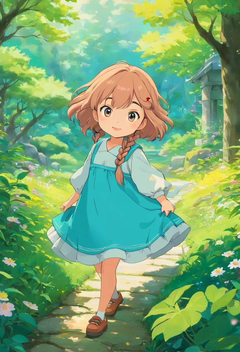 uma chibi, cabelos longos, plaits, usando um vestido fofo azul, {{olhos amarelos e cabelos vermelhos}}, no estilo de paisagens de jardim tranquilas, animated color photos, Masami Teraoka, aquamarine, Paulo Gauguin, Estilo Embry, retrato honesto