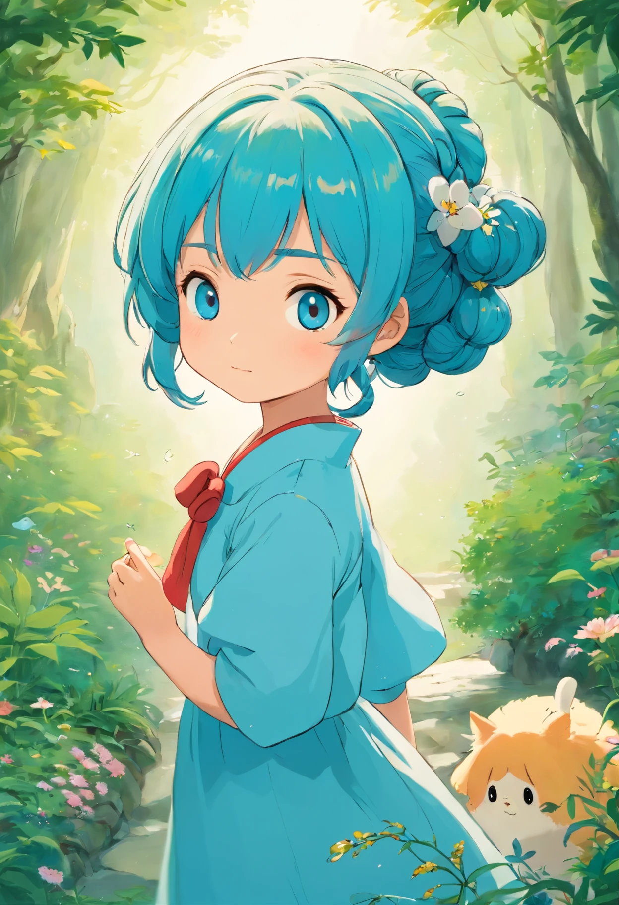 uma menina chibi, cabelos longos, plaits, usando um vestido fofo azul, {{olhos amarelos e cabelos vermelhos}}, no estilo de paisagens de jardim tranquilas, animated color photos, Masami Teraoka, aquamarine, Paulo Gauguin, Estilo Embry, retrato honesto