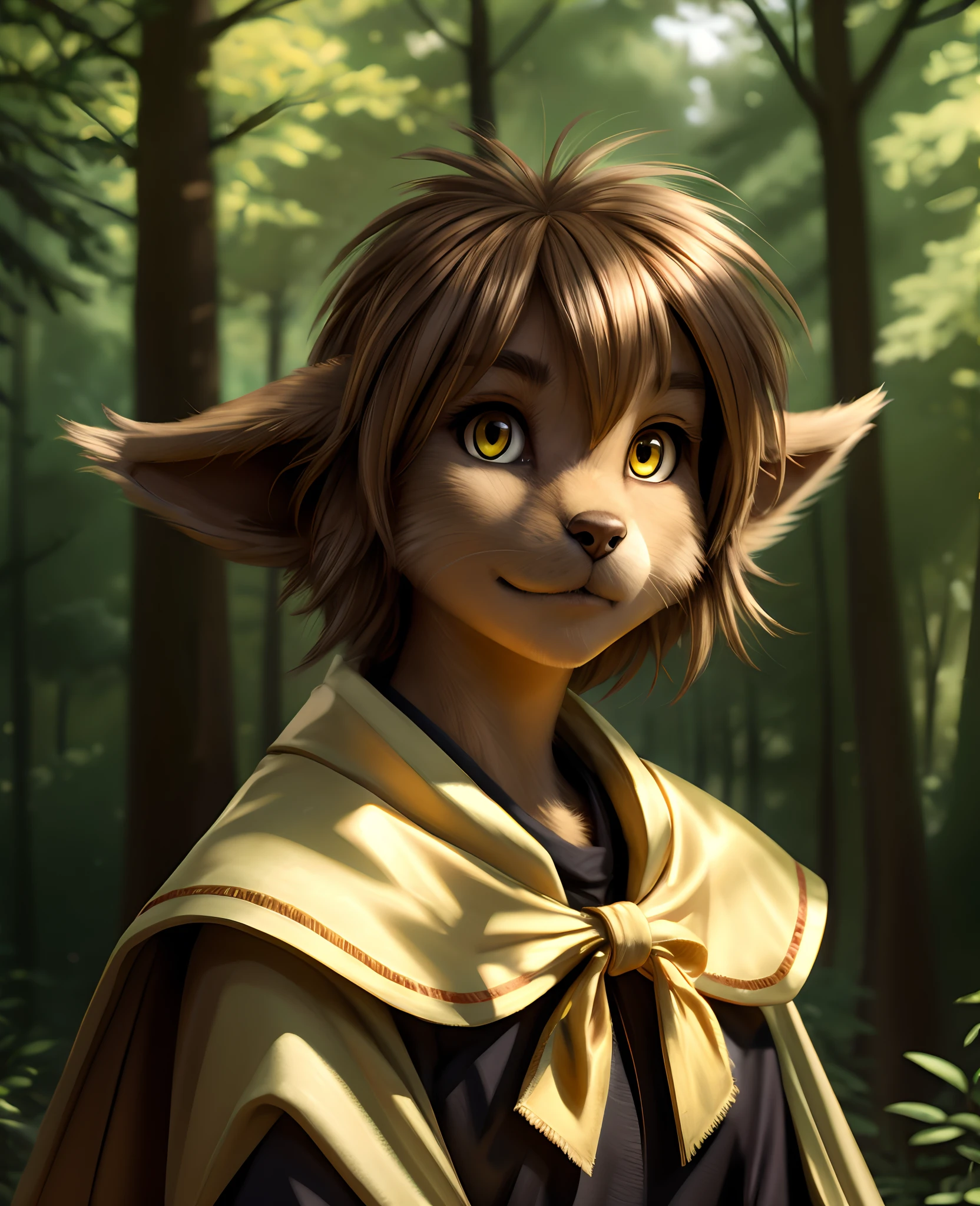 by kenket, by totesfleisch8, (by thebigslick, by silverfox5213:0.8), (by syuro:0.2), ,  Madelyn , Madelyn Adelaide,  twokinds, (best quality, masterpiece:1), solo, furry female anthro, yellow eyes, short hair, light brown hair, portrait, finger claws, looking at viewer, tail, ear raised, (outdoors dark forest trees blurry blurred background:1.1), black shirt, yellow cape