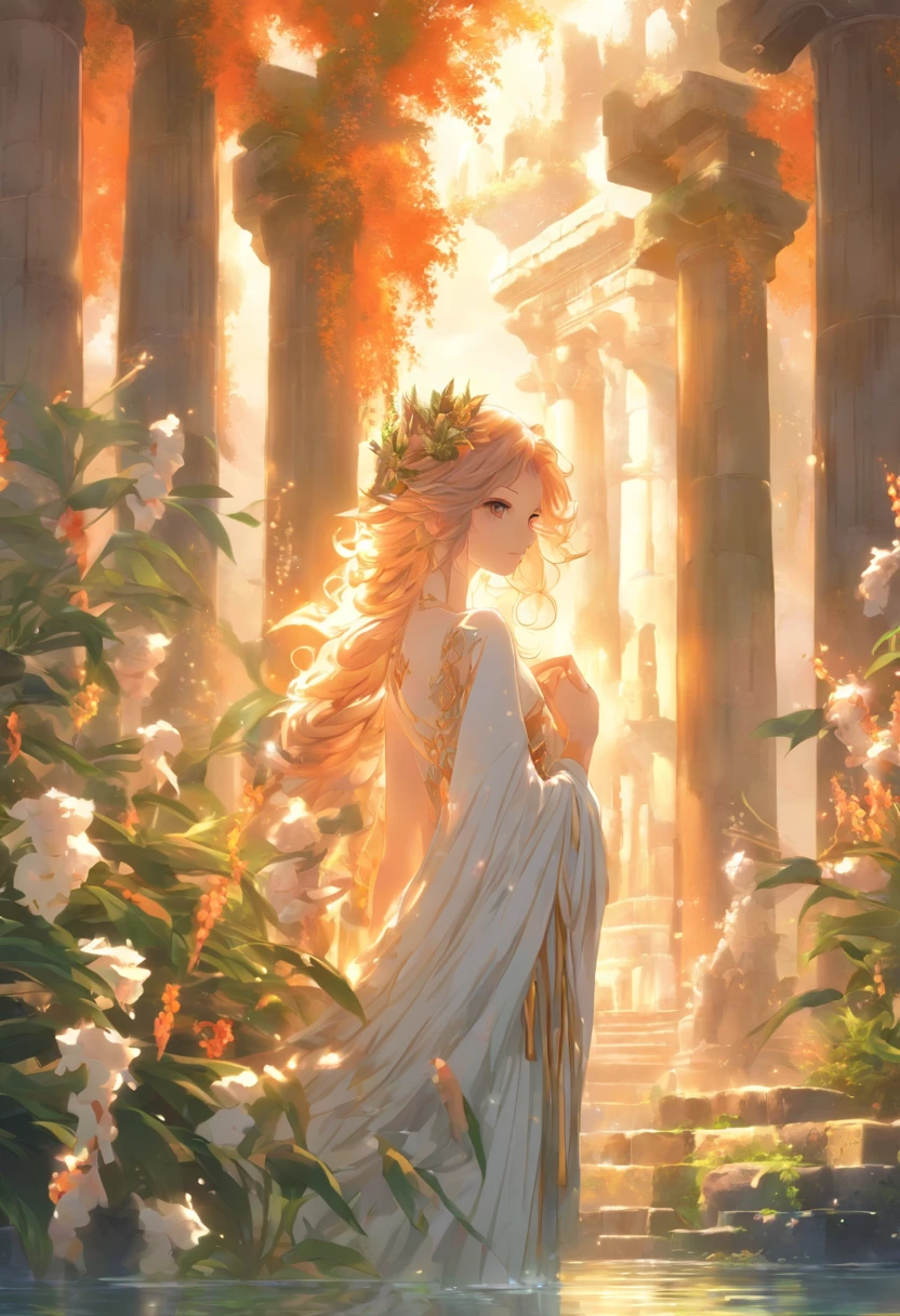 the best quality, very high resolution, detailed 4K CG, master piece, Liriope nymph, woman, white clothes, mythology, nymph, beautiful aesthetics, Huge pillars and flowers, Beautiful image, Beautiful ancient ruins in the back,