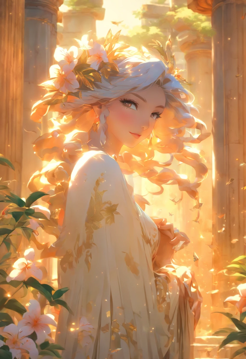 the best quality, very high resolution, detailed 4K CG, master piece, Liriope nymph, woman, white clothes, mythology, nymph, beautiful aesthetics, Huge pillars and flowers, Beautiful image, Beautiful ancient ruins in the back,