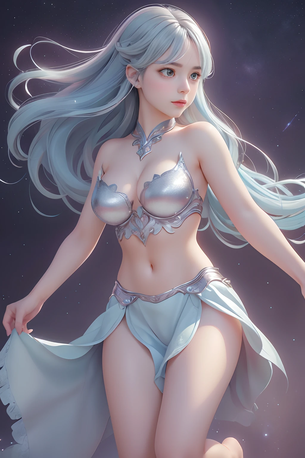 (Best Quality,4K,8K,Haute,Master Parts:1.2),ultra-detailliert,(Realistic,Photorealista,Photorealsitic:1.37),Silver Amazon jumps into the air to unleash its attack, Wearing silver armor, Long light blue hair flowing in the air, A sparkling universe emerges from your hands, natta, starrysky, Bright stars illuminating the scene, magical aura, Soft glow emanating from the Amazon, Dynamic Pose, Jump into the air, Convey a sense of strength and determination, vivd colour, All Silver Armor、Detailed and Intricicated。, Realistic style, Focus on Amazon and its actions. bule. beautifully detailed eyes, nase, and a lip, Add a touch of delicacy to your look, Lighting that emphasizes the central character, Cast soft shadows around you. big eye, be lilac and turquoise,,,. Armor protects the body, Like a Knight of the Zodiac.