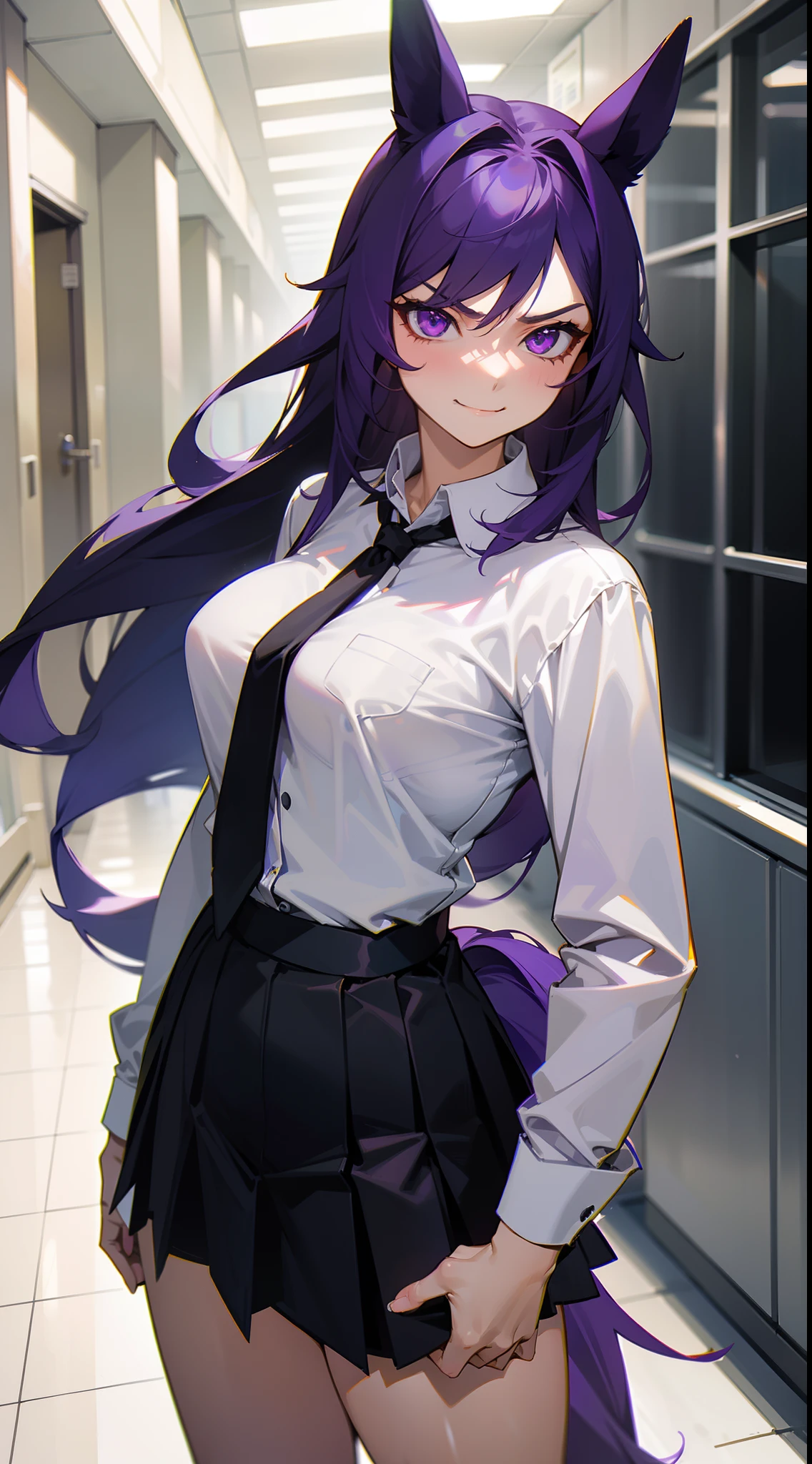 1girl,solo,mature female,medium breasts,white shirt,black tie,black skirt,purple hair,long hair,horse ears,horse tail,purple eyes,bare belly,angry face,smile,standing in a school hallway,cowboy shot