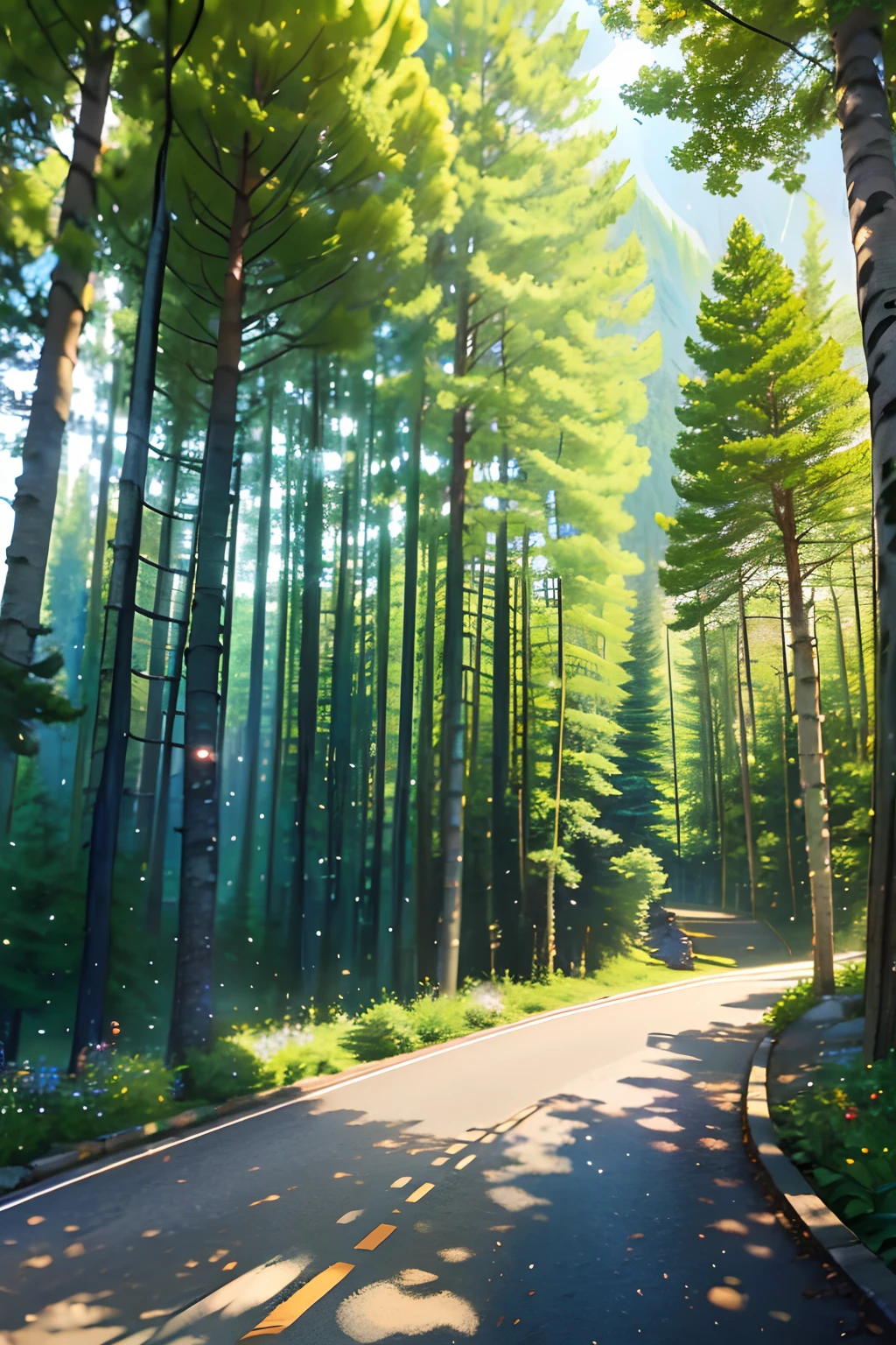 Mountain path, fir trees, birch trees, children playing, flowers, butterflies, flying birds, landscape, birds chirping, sunlight filtering through the trees, soft breeze, lush green foliage, sparkling water reflections, vibrant wildflowers, joyful laughter, carefree children's expressions, dynamic brushstrokes, mountain, harmonious composition.