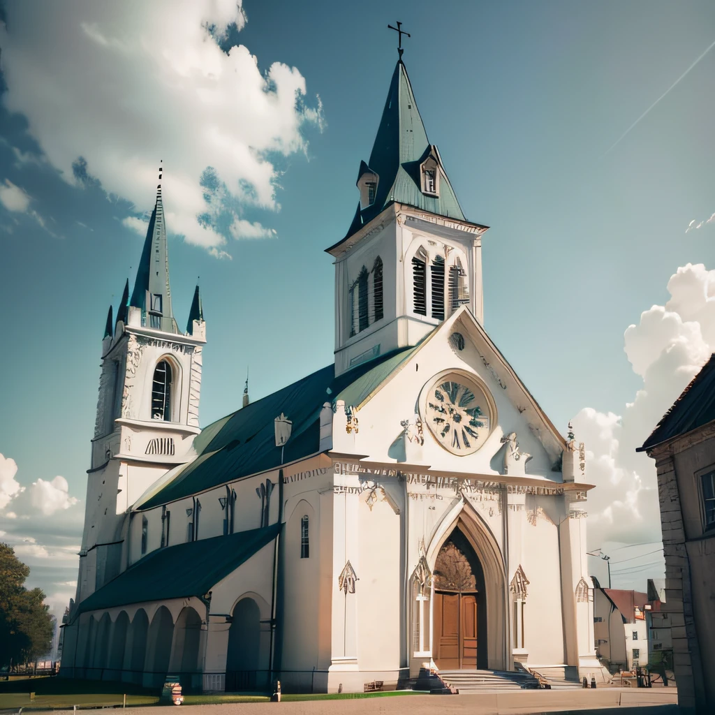 There is a large white church with a green roof and a belfry, Photographic isometric cathedral, catedral da igreja, fotoscanned, Vista frontal, made from million point clouds, catedral, fotogrametria, em estilo de nuvem de fotogrametria, 3 - D altamente detalhado, nuvem de pontos, Igreja Marilyn H, altamente renderizado, renderizado em Arnold, perspectiva frontal