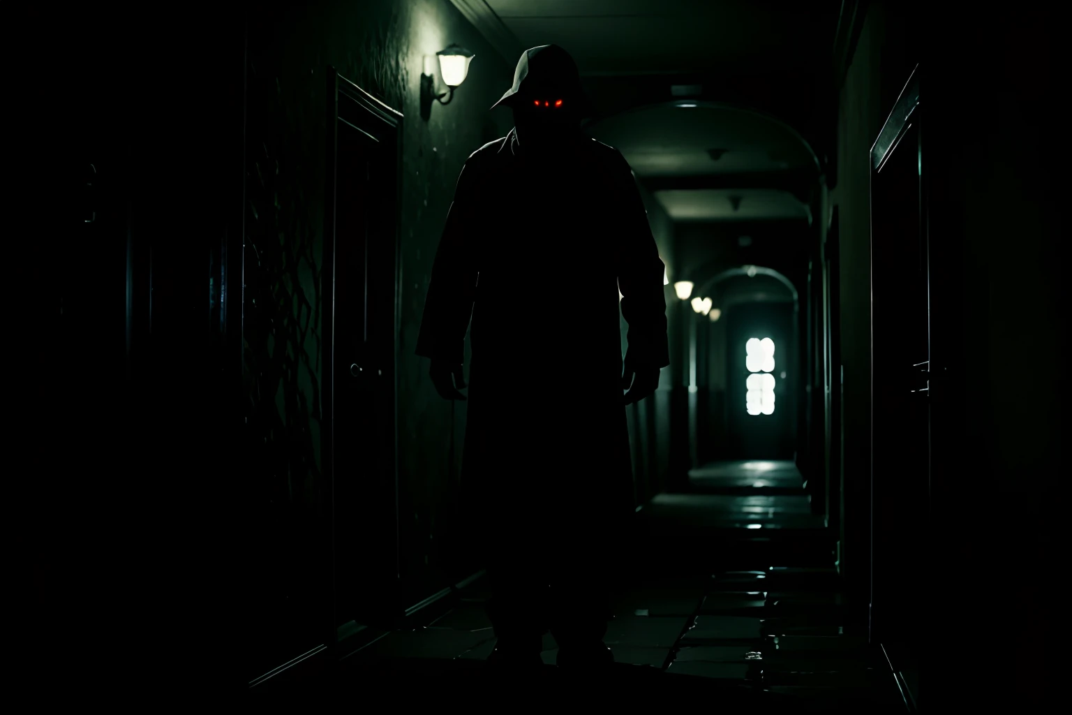 A monster is standing in a dimly lit hallway, terrifying visuals, horror elements, dark ambiance.