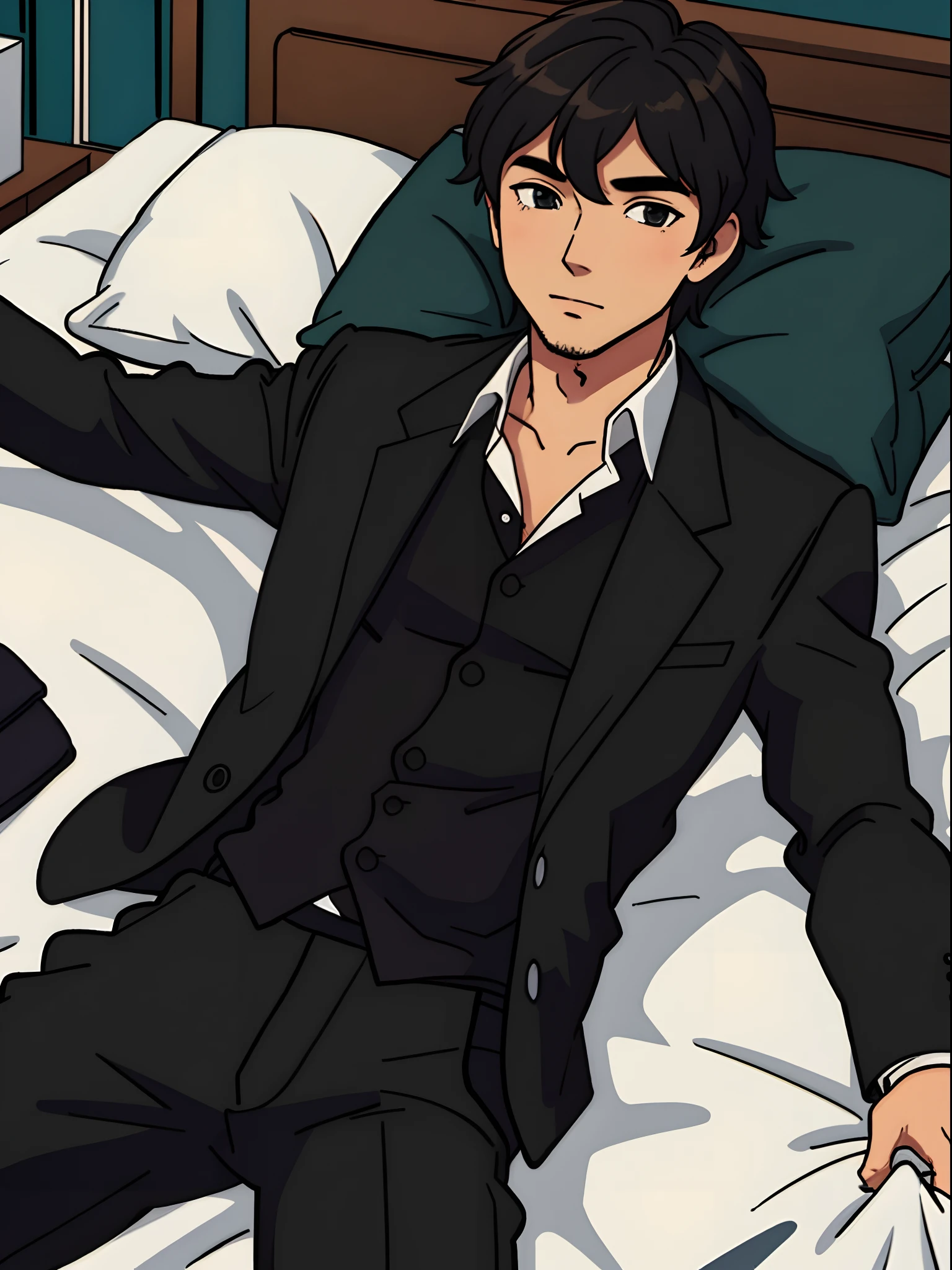 guy wearing black suit in bed