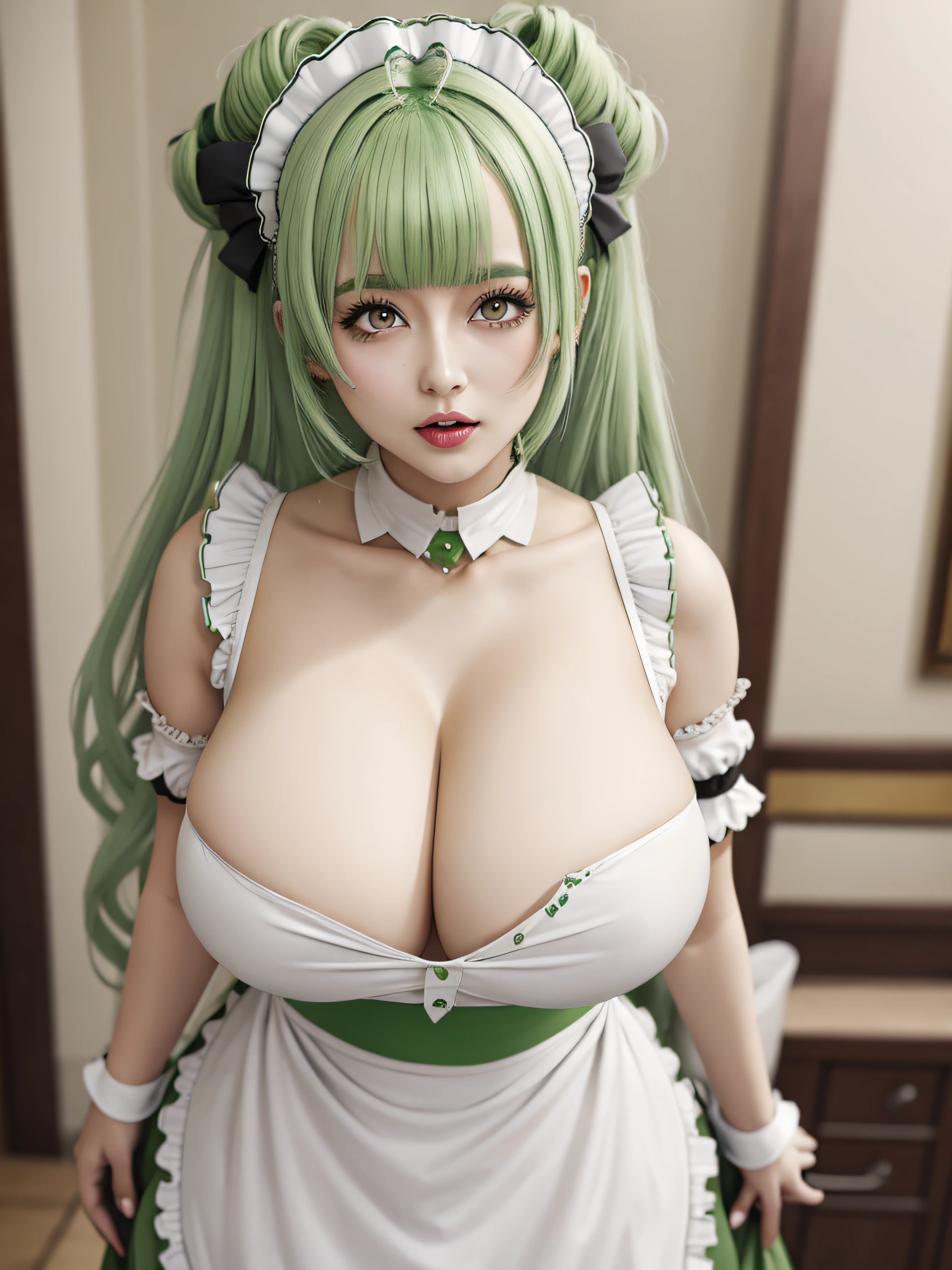 green hair, massive breasts, maid, cleavage,