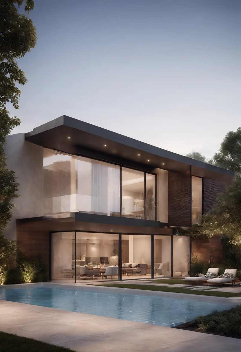 Vista arafed de uma casa moderna com um carro estacionado em frente, casa contemporanea, design exterior, Casa Conceito, Casa moderna, arquitetura realista, architectural visualisation, overall architectural design, Neotradicional moderno, architectural render, projeto residencial, uma casa, architectural 3 d render, design de arquitetura moderna, large modern residence, architectural render, moderno e minimalista, Estilo realista., Villa loft de vidro Open Space com jardim no telhado, moderno, Dynamic (Foto RAW, real, melhor qualidade, master part:1.2), (hyper realistic, photo-realistic:1.2), alta qualidade, (Dark lighting:1.2), perfect lighting, archdaily, Digest architecture awarded with sustainable architecture, cinemactic