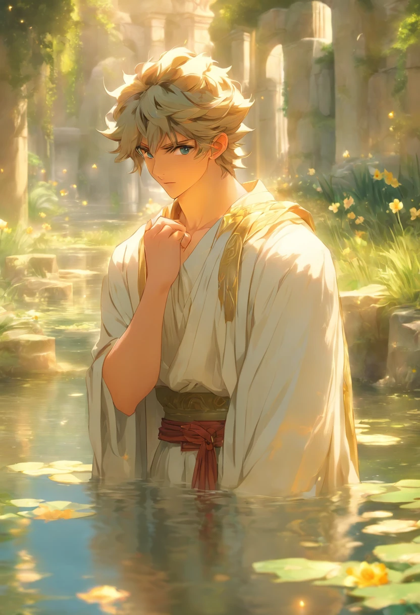 the best quality, very high resolution, detailed 4K CG, master piece, Narcissus, handsome young man, Roman clothes, forest, stream, pond, Roman mythology, beautiful aesthetics, Beautiful image, Beautiful ancient ruins in the back,