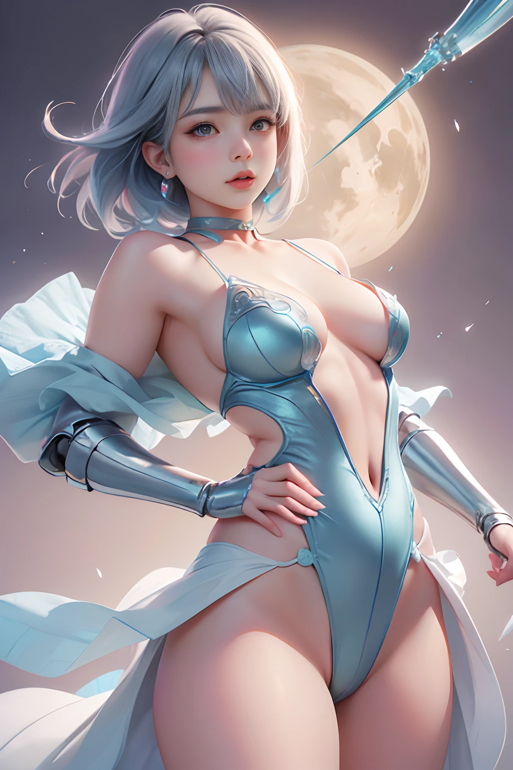 (Best Quality,4K,8K,Haute,Master Parts:1.2),ultra-detailliert,(Realistic,Photorealista,Photorealsitic:1.37),Silver Amazon jumps into the air to unleash its attack, Wearing silver armor, Long light blue hair flowing in the air, A sparkling universe emerges from your hands, natta, starrysky, Bright stars illuminating the scene, magical aura, Soft glow emanating from the Amazon, Dynamic Pose, Jump into the air, Convey a sense of strength and determination, vivd colour, All Silver Armor、Detailed and Intricicated。, Realistic style, Focus on Amazon and its actions. bule. beautifully detailed eyes, nase, and a lip, Add a touch of delicacy to your look, Lighting that emphasizes the central character, Cast soft shadows around you. big eye, be lilac and turquoise,,,,. Armor protects the body, Like a Knight of the Zodiac.