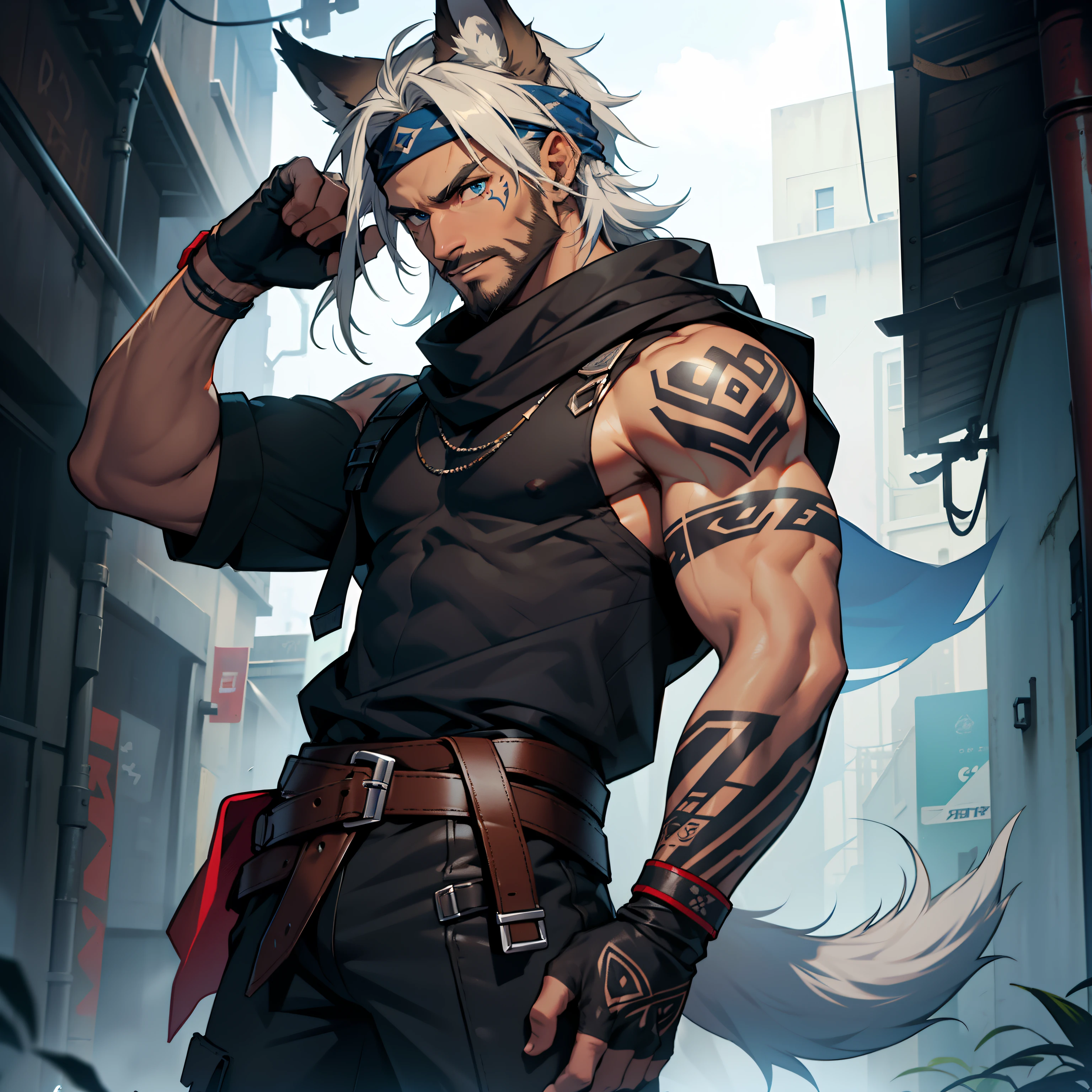 muscular male with short beard, has long flowing white hair, has wolf ears, has wolf tail, shirtless, wearing punk leather pants, solo, alone, has glowing blue eyes, covered in tribal tattoos, wearing bandana wrist bands, wearing fngerless gloves