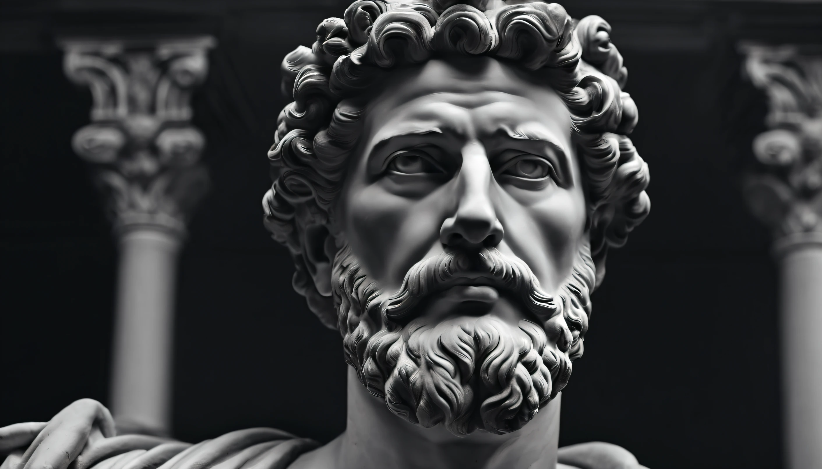 a portrait statue of the stoic Marcus Aurelius in black and white 4K,Face de lado, papel de parede super realista