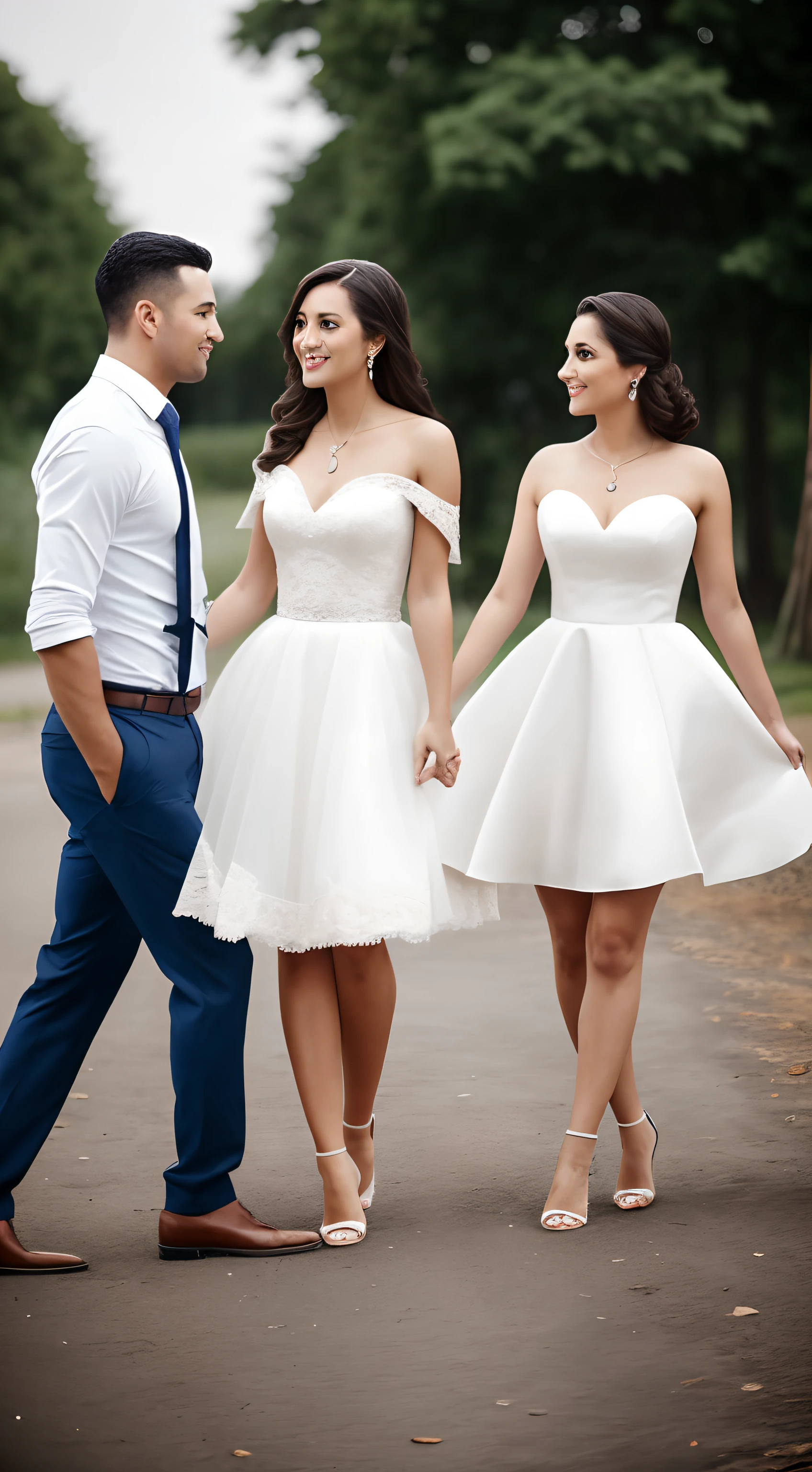 Create a couple with three people, a man and two elegant girls;