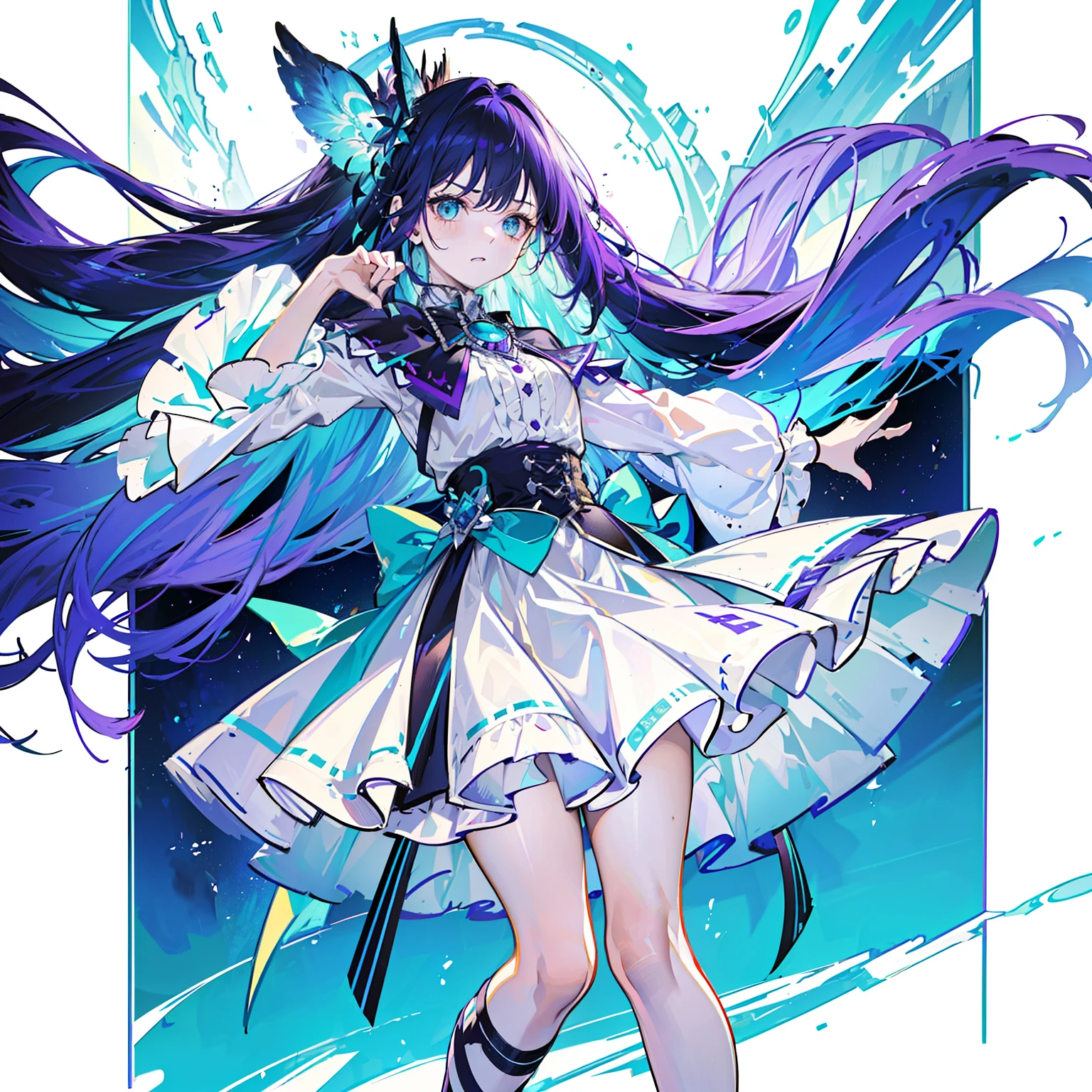 (Best quality,4K,A high resolution,Masterpiece:1.2),Ultra-detailed,The upper part of the body, purple hair, aqua eyes, Fierce expression，A vicious expression，Western-style skirt，Costume Western skirt，{{{small breast}}}，Light-colored skirt, standing on your feet, white skirt, long skirt, Gorgeous dress