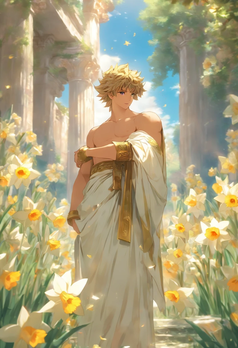 the best quality, very high resolution, detailed 4K CG, master piece, Narcissus, handsome young man, Roman clothes, forest, trees, flowers, blue sky, Roman mythology, beautiful aesthetics, Beautiful image, Beautiful ancient ruins in the back,