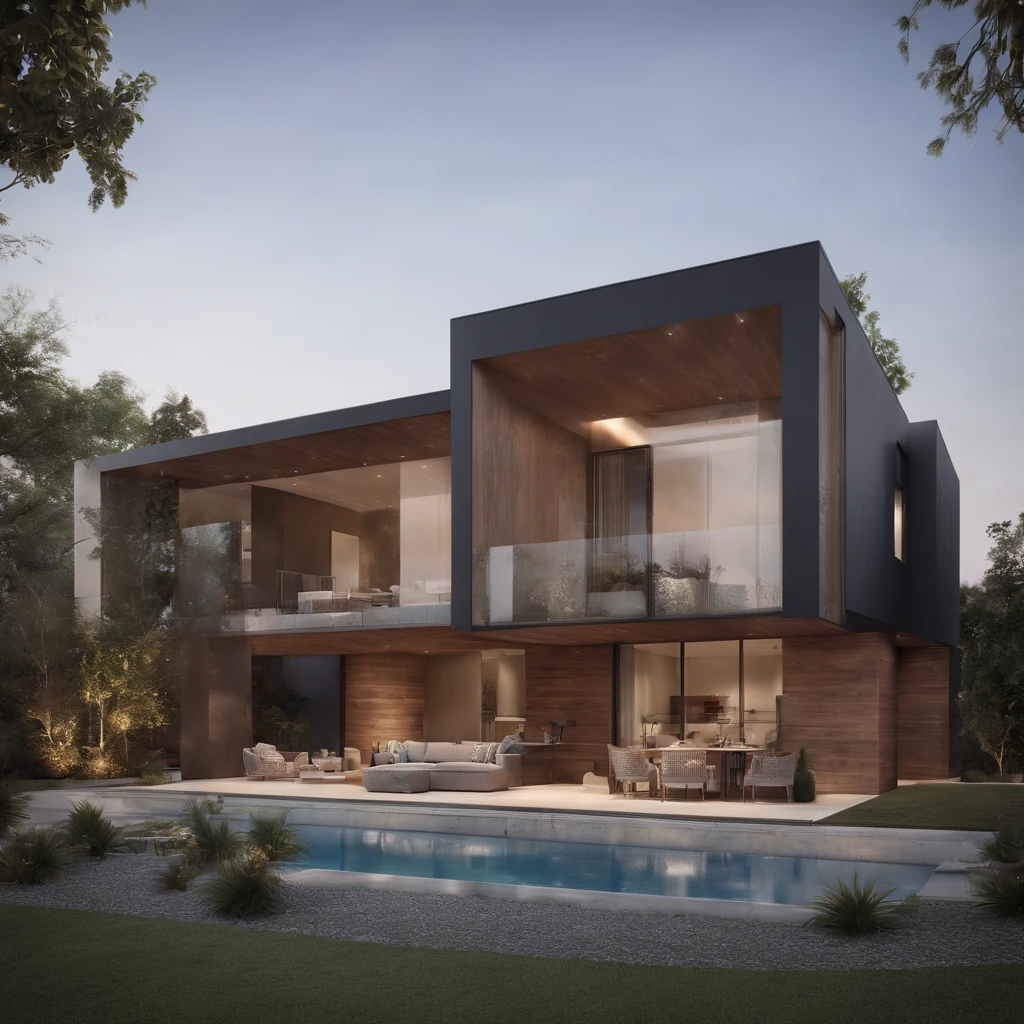 Vista arafed de uma casa moderna com um carro estacionado em frente, casa contemporanea, design exterior, Casa Conceito, Casa moderna, arquitetura realista, architectural visualisation, overall architectural design, Neotradicional moderno, architectural render, projeto residencial, uma casa, Architectural, design de arquitetura moderna, large residence, architectural render, moderno e minimalista, Estilo realista., (Foto RAW, real, melhor qualidade, master part:1.2), (hyper realistic, photo-realistic:1.2), alta qualidade, (Dark lighting:1.2), perfect lighting, archdaily, Digest architecture awarded with sustainable architecture, cinemactic