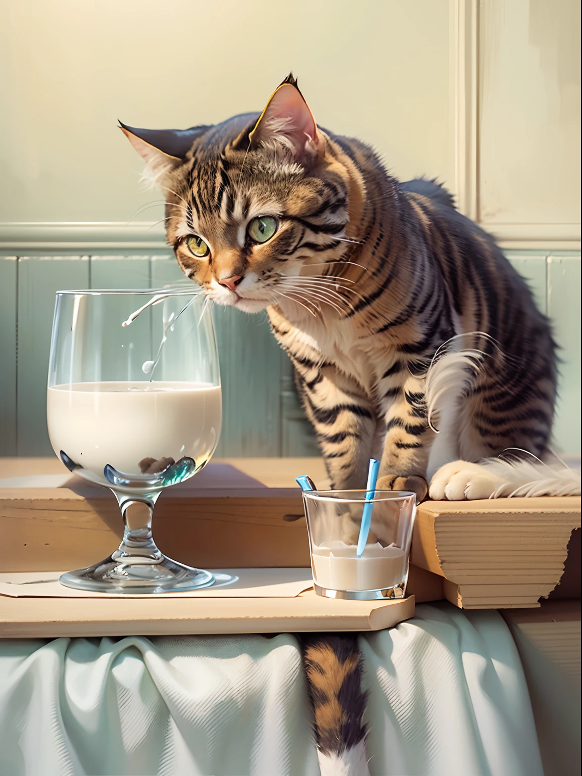 There is a cat sitting next to a glass of milk, cat drinking milk, illustration of 1 cat, ultra-realistic illustration, ultra-realistic illustration, hyper-realistic illustration, a cat. realistic painting, by Wayne England, realistic illustration, hyper realistic illustration, portrait, close portrait, award-winning hyper-realistic, by Lisa Milroy, by Galen Dara