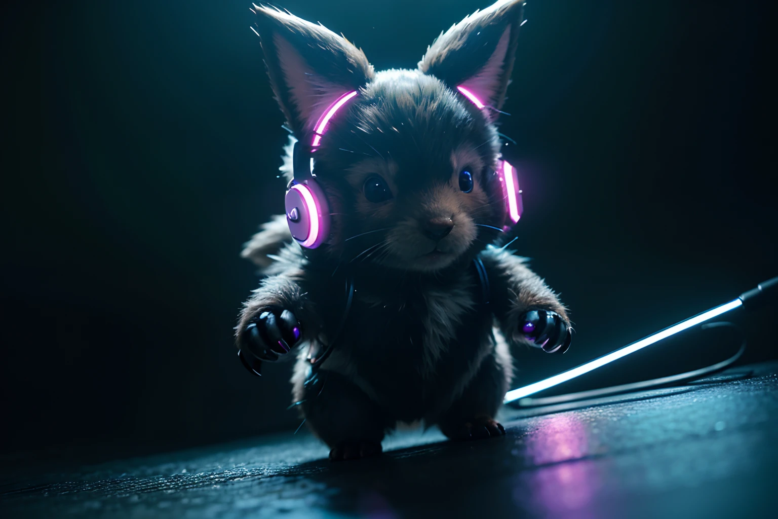 High quality 3D render neo - cyberpunk very cute half fluffy! wombat!! half cyborg with headphones, mechanical paw, highly detailed, unreal engine cinematic smooth, in the style of detective pikachu, hannah yata charlie immer, neon purple light, low angle, uhd 8k, sharp focus