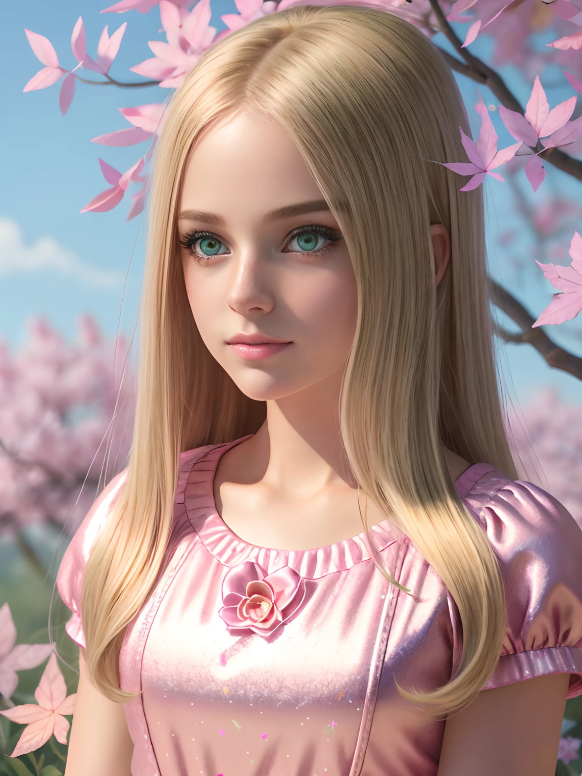 A pretty look straight into the camera American girl with soft blonde hair and green eyes and the background is all in pink with sparkles and flowers and leaves. 4k  image realistic -- 8k anime image