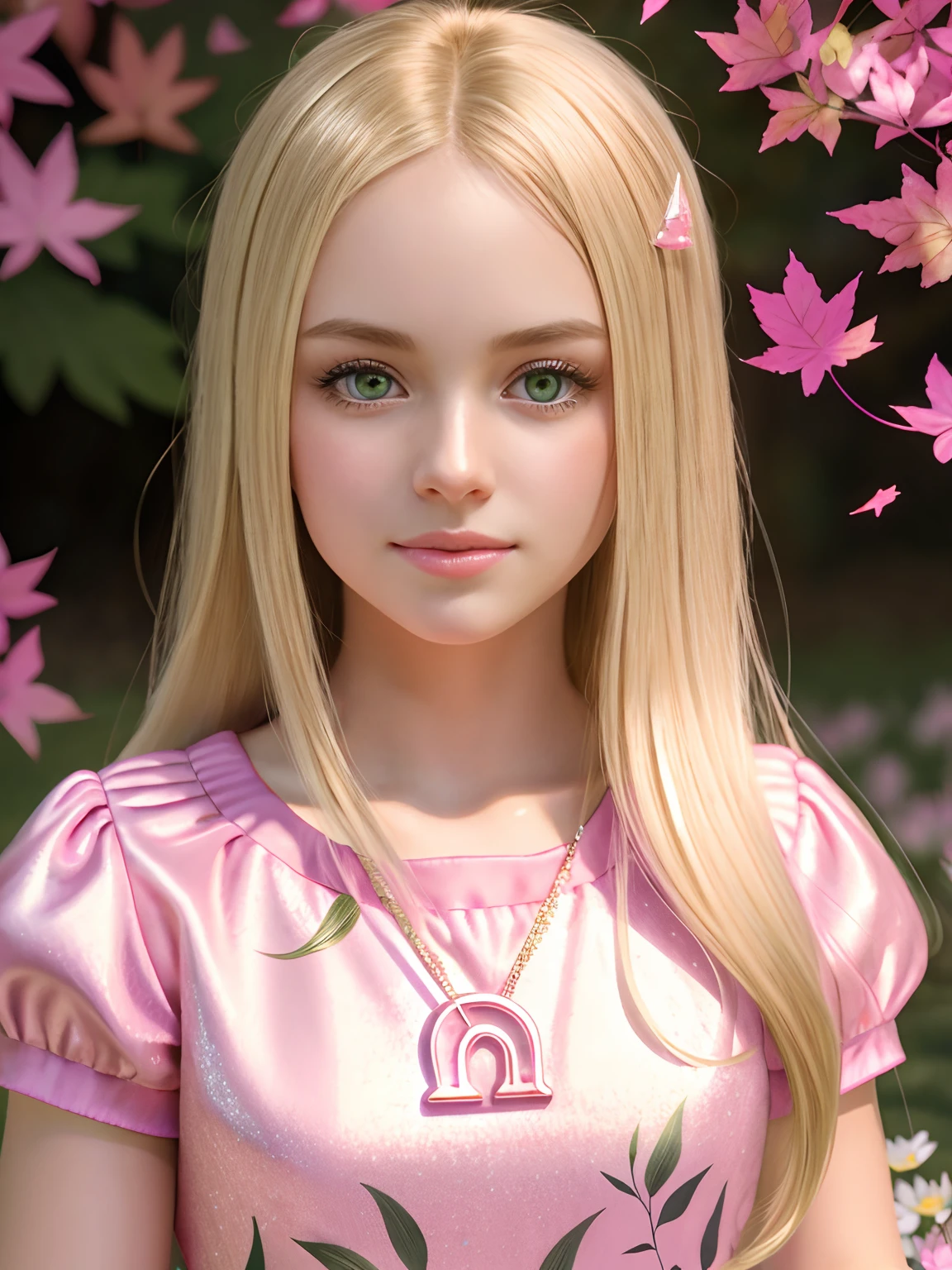 A pretty look straight into the camera American girl with soft blonde hair and green eyes and the background is all in pink with sparkles and flowers and leaves. 4k  image realistic -- 8k anime image