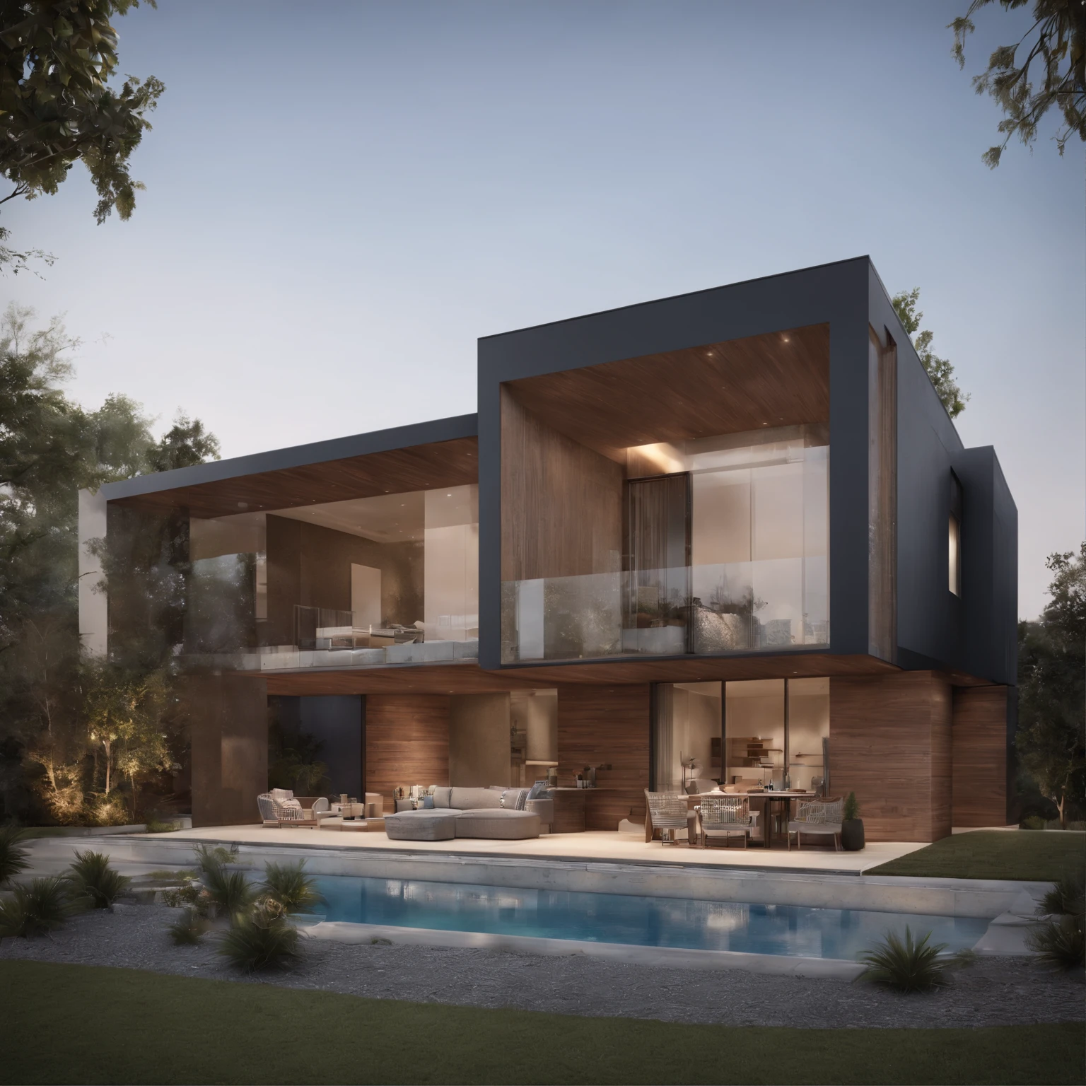 Vista arafed de uma casa moderna com um carro estacionado em frente, casa contemporanea, design exterior, Casa Conceito, Casa moderna, arquitetura realista, architectural visualisation, overall architectural design, Neotradicional moderno, architectural render, projeto residencial, uma casa, Architectural, design de arquitetura moderna, large residence, architectural render, moderno e minimalista, Estilo realista., (Foto RAW, real, melhor qualidade, master part:1.2), (hyper realistic, photo-realistic:1.2), alta qualidade, (Dark lighting:1.2), perfect lighting, archdaily, Digest architecture awarded with sustainable architecture, cinemactic