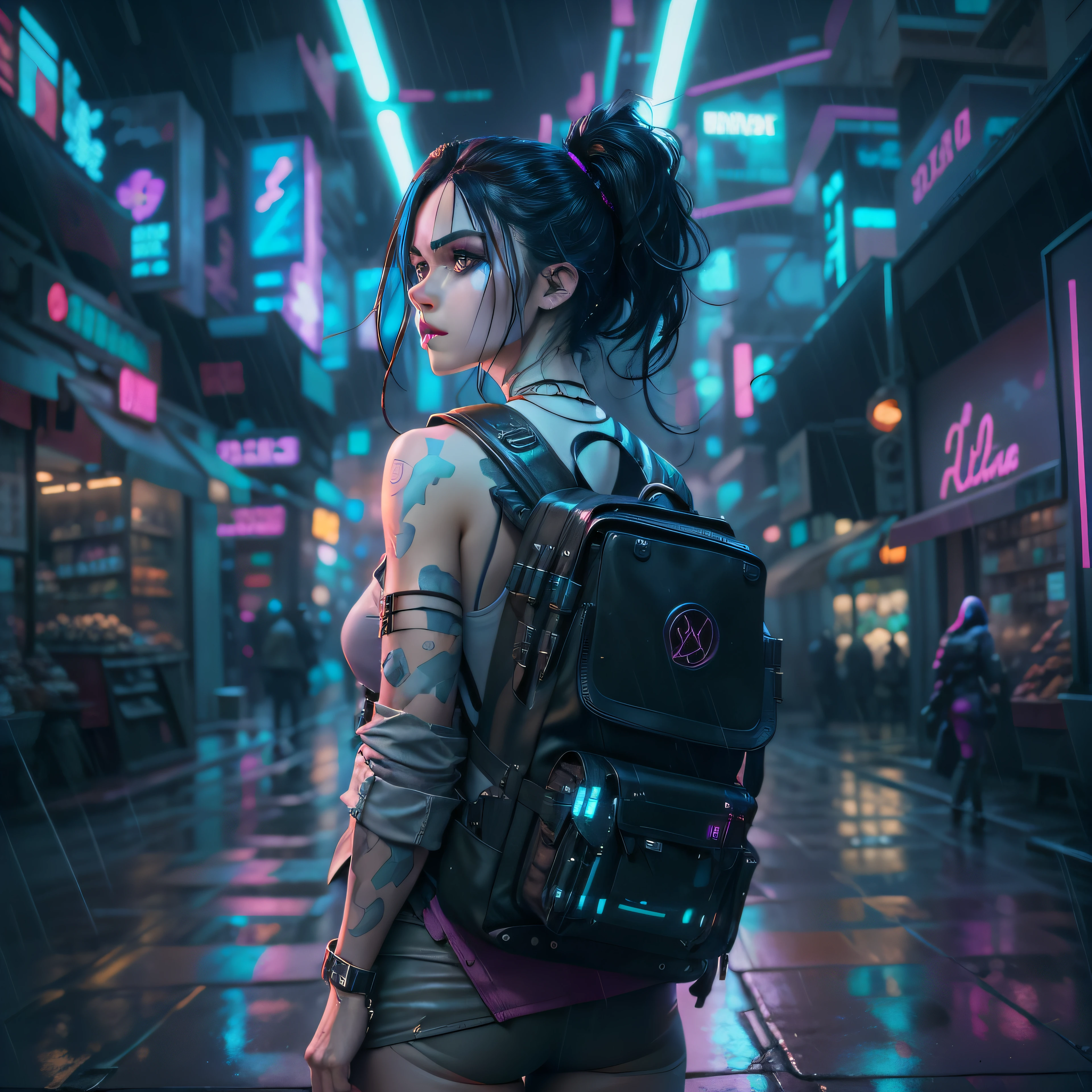 solo, cinematic lighting, a beauty woman with a back pack, cyberpunk, sparkle eyes, blue pupils, black hair, perfect eyes, both hands in pocket, rainy cyber punk store , thin gap, portrait 24 mm, high resolution, model looking at the viewer