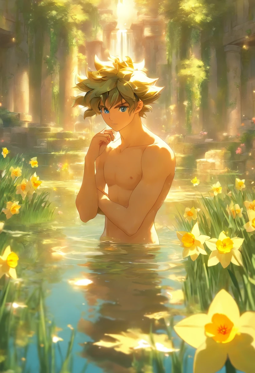 the best quality, very high resolution, detailed 4K CG, master piece, Narcissus, a highlighted flower, focus and a flower, centralized flower, forest, trees, flowers, blue sky, pond, stream, Roman mythology, beautiful aesthetics, Beautiful image ,Beautiful ancient ruins in the back,