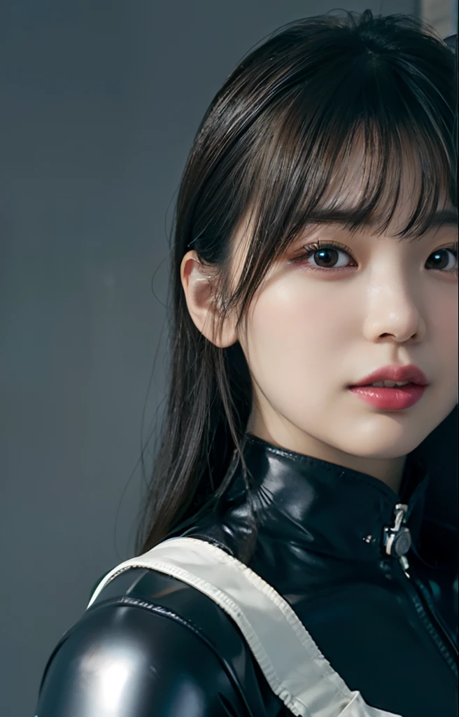 Highest image quality, outstanding details, ultra-high resolution, (realism: 1.4), the best illustration, favor details, highly condensed 1girl, with a delicate and beautiful face, ((cowboy shot)), (wearing warm racing suit likes police uniform, black and gray mecha, military harness, holding a machinegun), background grey wall,