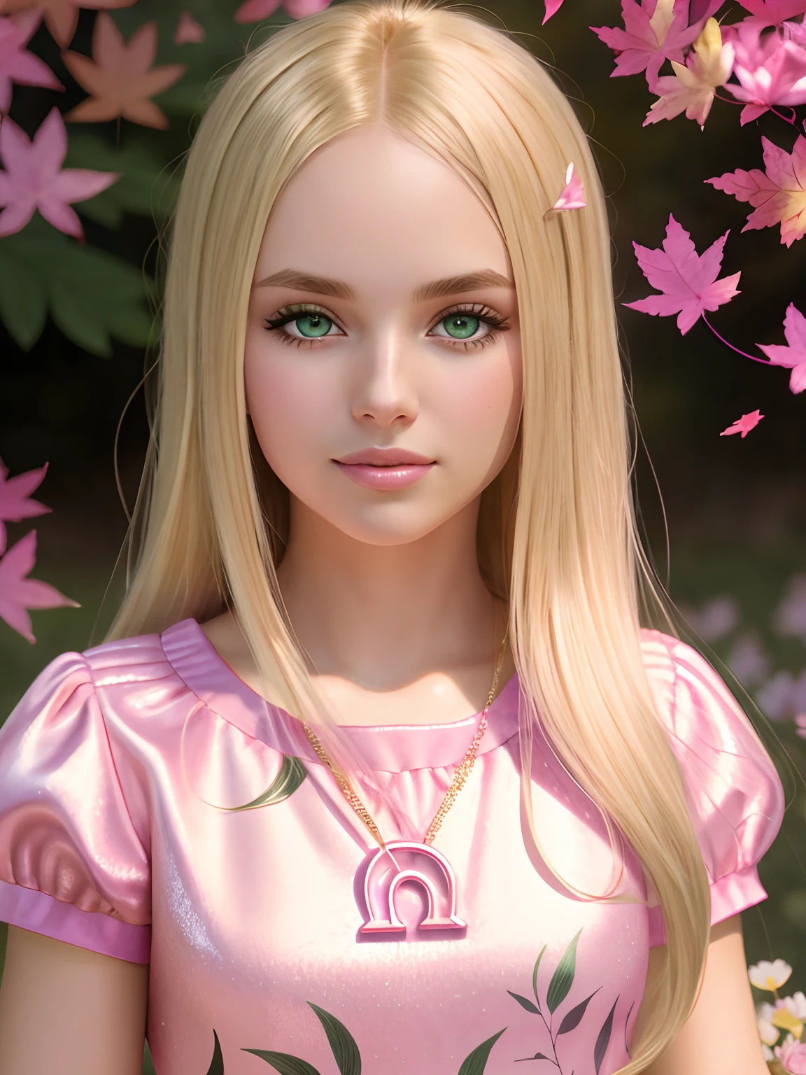 A pretty look straight into the camera American sexy woman with soft blonde hair and green eyes and the background is all in pink with sparkles and flowers and leaves. 4k  image realistic -- 8k anime image