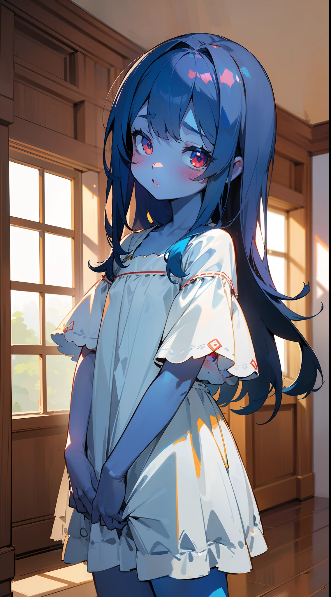 (Original Character,8k, Masterpiece, Best Quality,Detailed, Beautiful Detailed Eyes, solo),(1loli girl,4 years old),small,little white dress,dark blue hair,long hair,((blue skin)),red eyes,loli,solo,cute,(standing in a room in house),shy,blush,cowboy shot