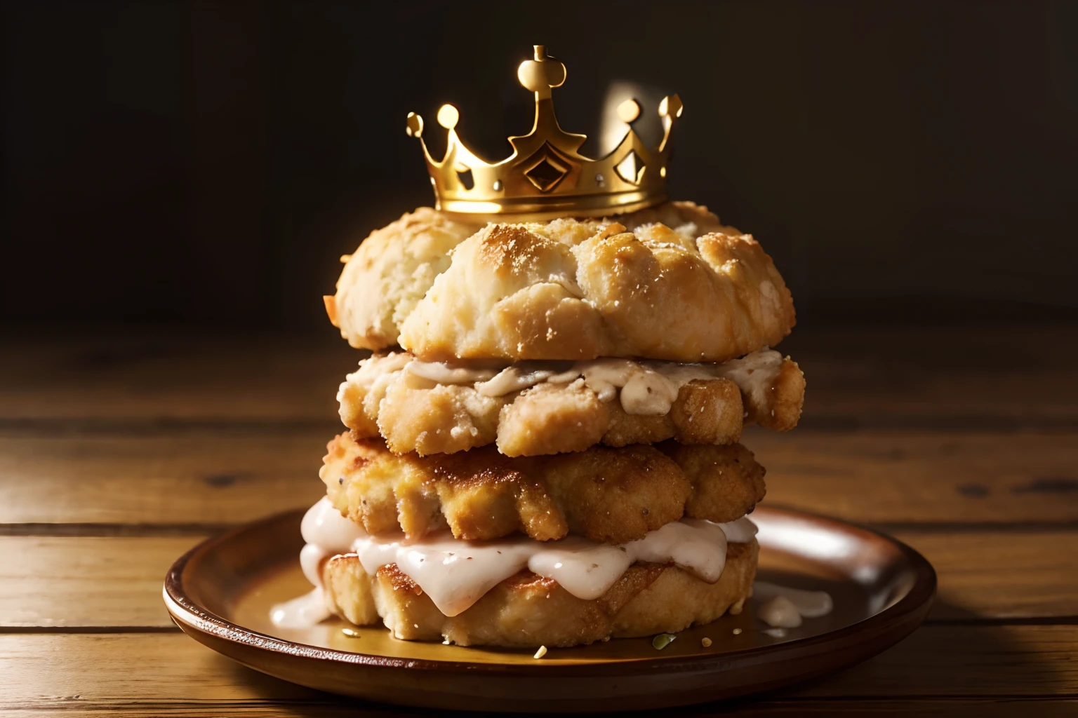 Standing breaded chicken with a crown of a king in top of it, hyper realistic, 4k