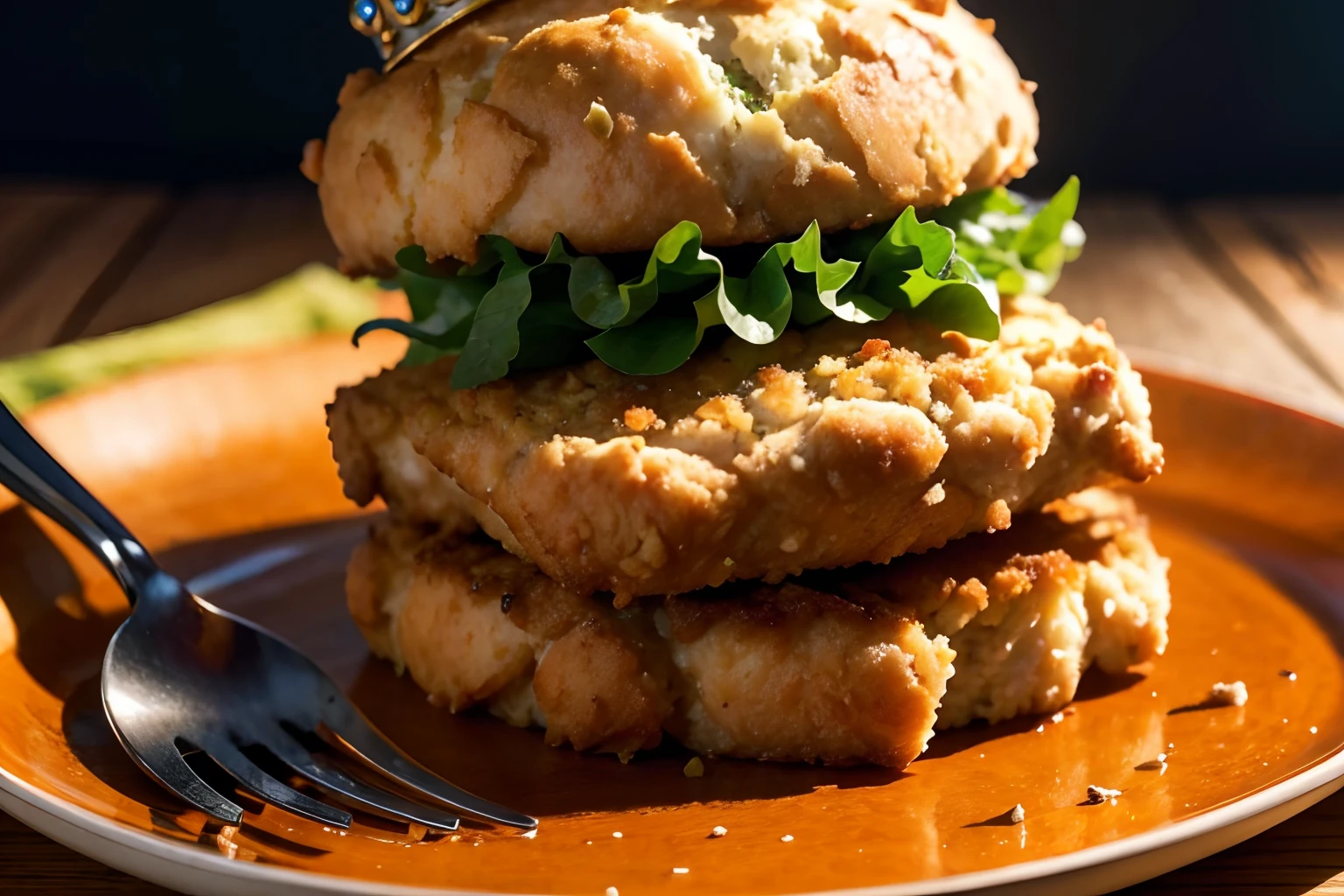 Standing breaded chicken with a crown of a king in top of it, hyper realistic, 4k