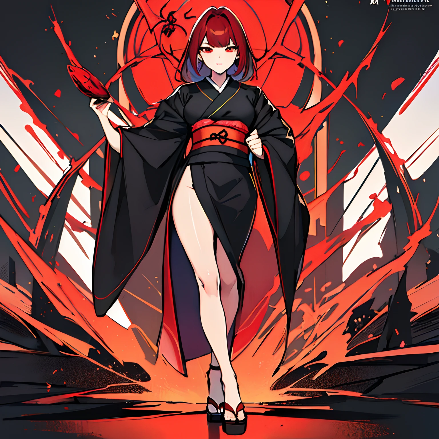 (absurdres, 8k, 4k, masterpiece, hyper extreme detailed:1.2), solo, 1girl, front view, perfect face, 1girl, portrait, expressive eyes, solo, standing, swept bangs, Perfect Anatomy, full body, sandals, Red and Black kimono, Cult Leader, Spiderweb Motif, Long auburn hair, beautiful, Attractive, Manipulative, Seductive, mature female, adult, Evil, red spider lily, red eyes, control, intricate, medium breasts. covered body, kimono,