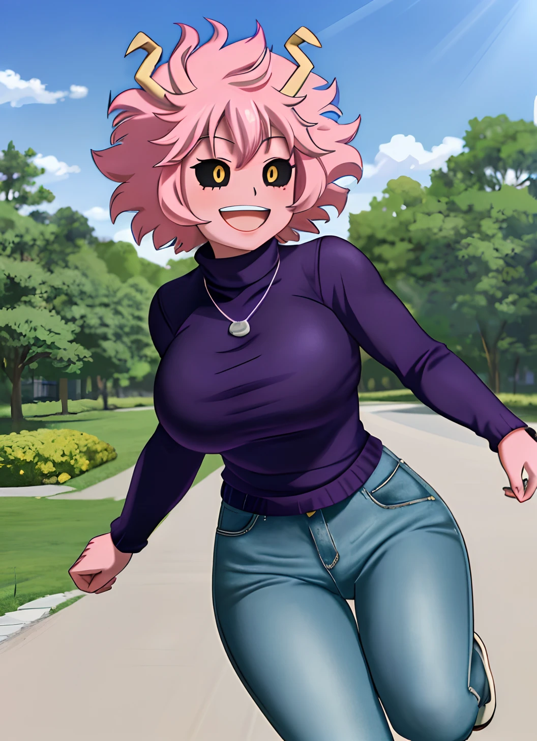 [mina ashido], [Boku no hero academia], ((masterpiece)), ((solo portrait)), ((front view)), ((cute)), ((High definition)), ((anime)), ((Kohei Horikoshi)), ((beautiful render art)), ((detailed shading)), ((cel shading)), ((intricate details)), {mina ashido; (pink skin), (curly yellow horns), long eyelashes, cute black eyes, (yellow pupils), curly pink hair, short eyelashes, large boobs, (beautiful slightly muscular legs), (excited smile), (white teeth), (blushing)}, {(purple turtleneck sweater), (pink necklace), (tight blue jeans)}, {(running), (looking at viewer)}, [Background; (park), (grass), (trees), (pond), (blue sky), (sun rays)]