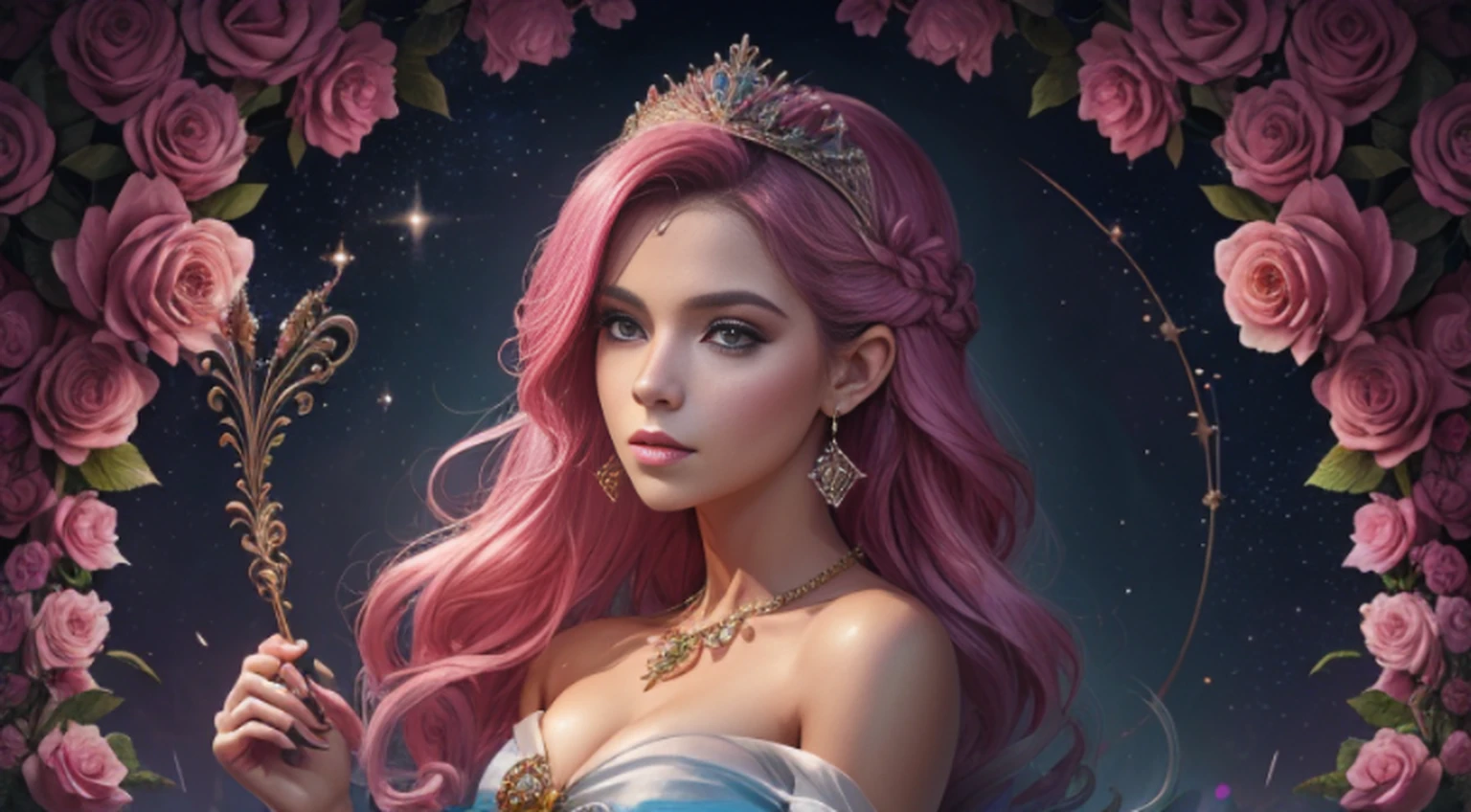 (Princesa menina com asas, Rosa, bolo, Glitter, Dramatic, sonhador, bolo, Aquarela, caprichoso, delicado, Tiara dourada, trending in artstation, altamente detalhado, Complexo, retrato, pintura digital, Tema Fantasia, vestido de fantasia, arte conceitual de fantasia, arte do personagem de fantasia, farisaico, adolescenteCorpo perfeito, corpo inteiro, sonhador, bolo, Aquarela, caprichoso, delicado, cabelo longo cor-de-rosa, arte de Lois e Lois Van Bahr, Art Station Trend, Very detailed, Complexo, retrato, pintura digital, elfo fada tremendamente bonito, Asas brilhantes, fofo, 8k, ((master part)), (extremely high quality), (circunstanciado), Beautiful, Big, Olhos bonitos, Beautiful, deusaVivendo em um jardim de rosas, Menina da natureza, Rainha, hiperreal, disco Rigido, card, fada rosa, Jardim das Rosas