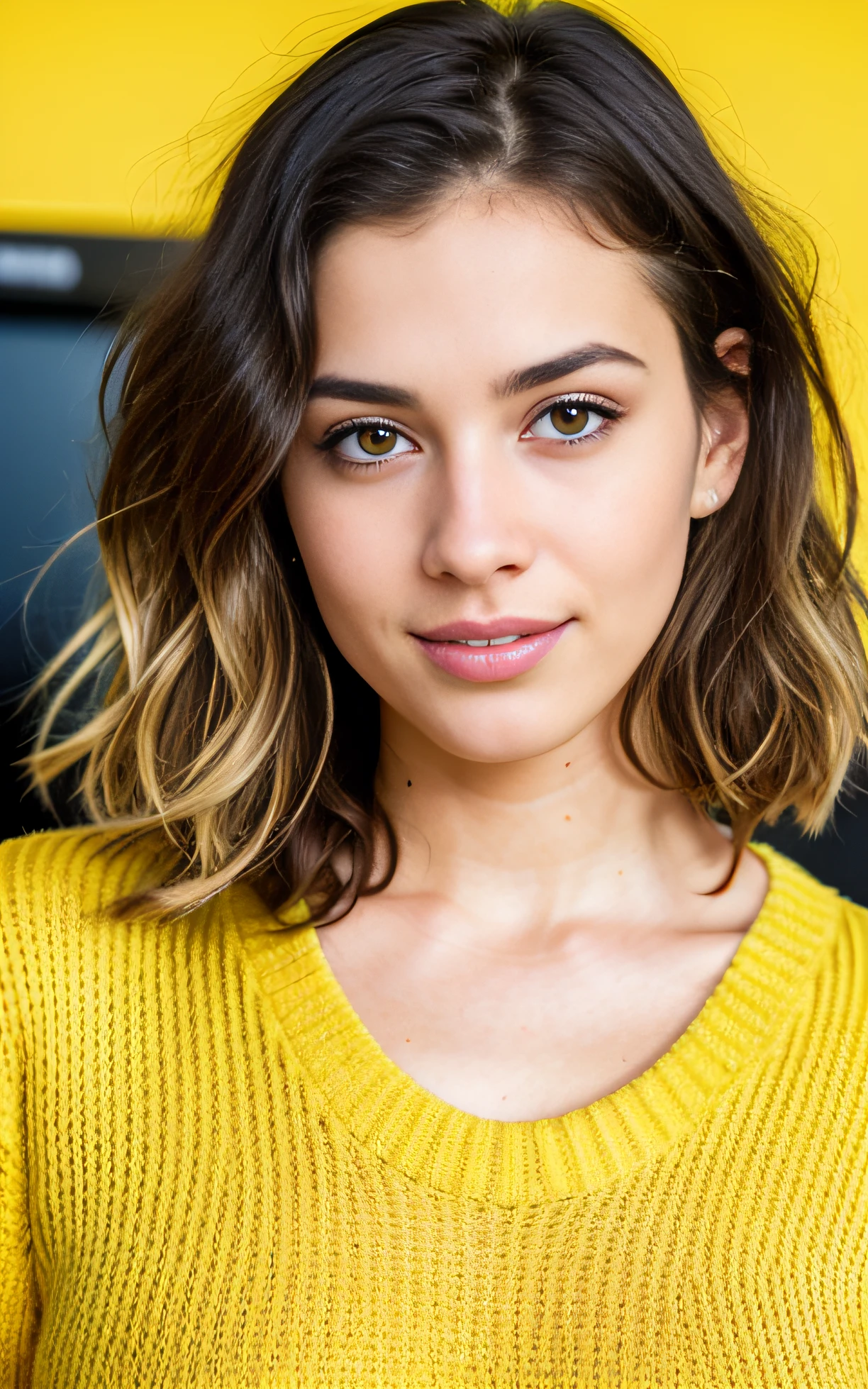 beautiful brunette wearing yellow sweater (talking on the phone in a studio in front of a completely yellow background), very detailed, 21 years old, innocent face, natural wavy hair, brown eyes, high resolution, masterpiece, best quality, intricate details, highly detailed, sharp focus, detailed skin, realistic skin texture, texture, detailed eyes, professional, 4k, charming smile, shot on Canon, 85mm, shallow depth of field, kodak vision color, perfect fit body, extremely detailed, foto_\(ultra\), photorealistic, realistic, post-processing, maximum detail, roughness, real life, ultra realistic, photorealism, photography, 8k uhd, photography