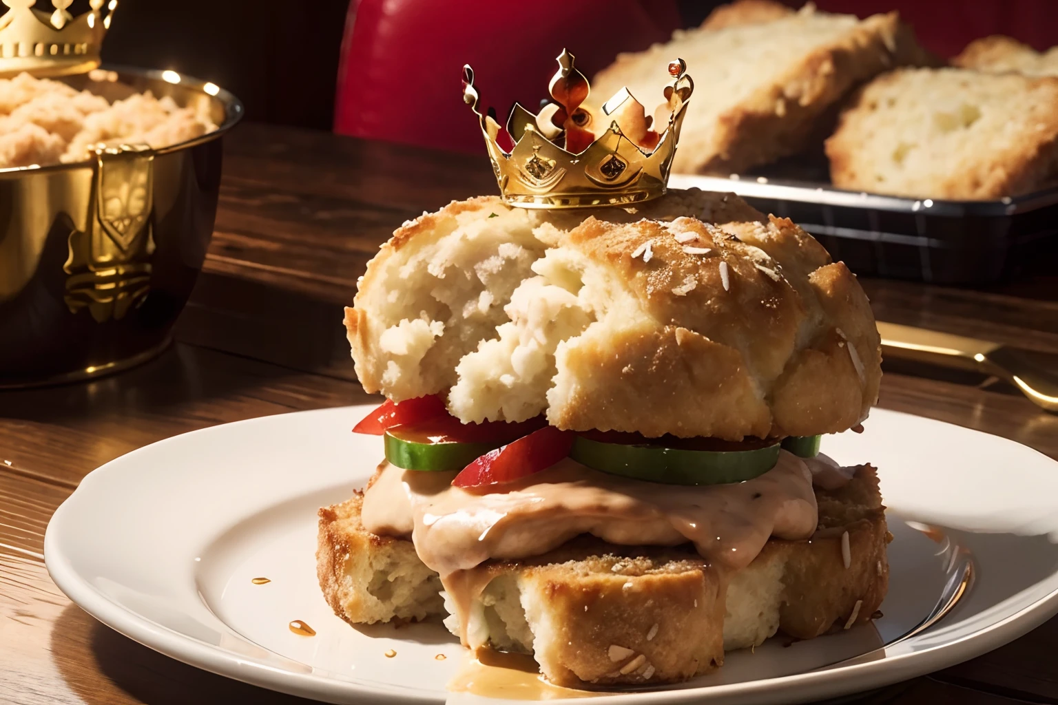 Standing breaded chicken with a crown of a king in top of it, hyper realistic, 4k