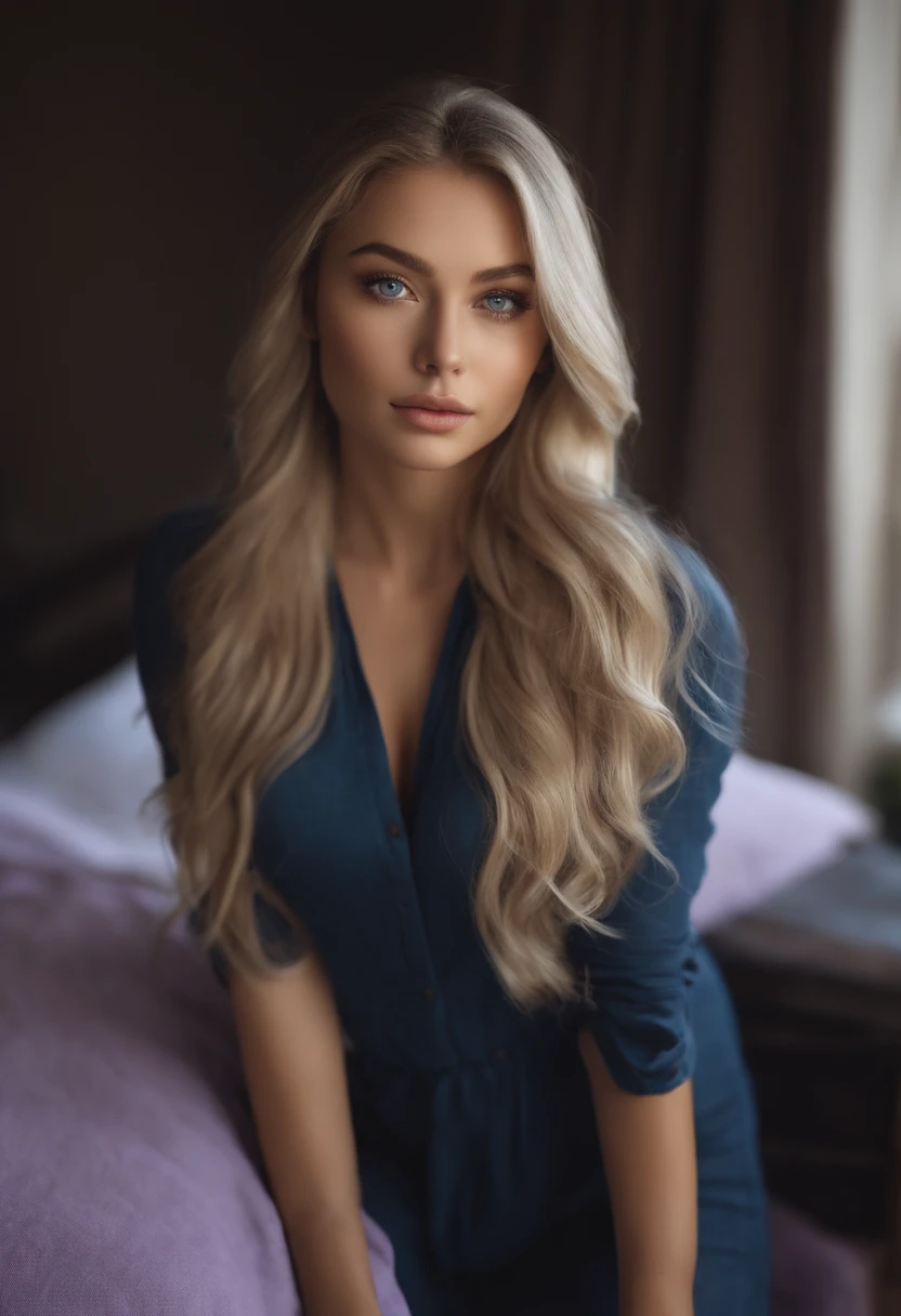 arafed woman fully , sexy girl with blue eyes, ultra realistic, meticulously detailed, portrait sophie mudd, blonde hair and large eyes, selfie of a young woman, bedroom eyes, violet myers, without makeup, natural makeup, looking directly at the camera, face with artgram, subtle makeup, stunning full body shot kneeling on bed, in bedroom, medium to large size bust