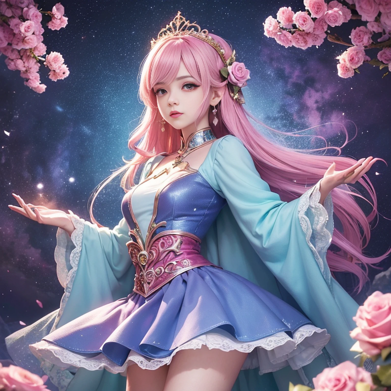 (Princesa menina com asas, Rosa, bolo, Glitter, Dramatic, sonhador, bolo, Aquarela, caprichoso, delicado, Tiara dourada, trending in artstation, altamente detalhado, Complexo, retrato, pintura digital, Tema Fantasia, vestido de fantasia, arte conceitual de fantasia, arte do personagem de fantasia, farisaico, adolescenteCorpo perfeito, corpo inteiro, sonhador, bolo, Aquarela, caprichoso, delicado, cabelo longo cor-de-rosa, arte de Lois e Lois Van Bahr, Art Station Trend, Very detailed, Complexo, retrato, pintura digital, elfo fada tremendamente bonito, Asas brilhantes, fofo, 8k, ((master part)), (extremely high quality), (circunstanciado), Beautiful, Big, Olhos bonitos, Beautiful, deusaVivendo em um jardim de rosas, Menina da natureza, Rainha, hiperreal, disco Rigido, card, fada rosa, Jardim das Rosas