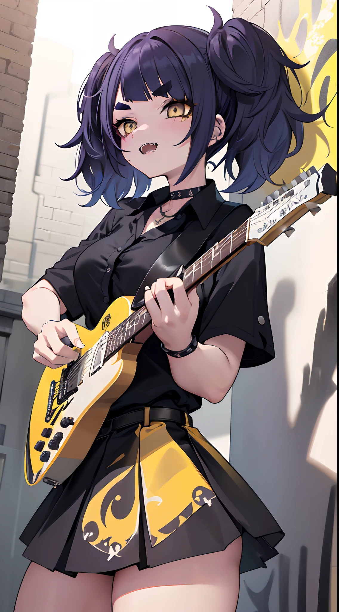 Masterpiece, best quality, Volumetric Lighting, Best Shadows, Shallow Depth of Field, Portrait Of Stunningly Beautiful Girl, Delicate Beautiful Attractive Face With Alluring Eyes, fine detailed eyes, 1girl, smug, (((holding guitar))), (((playing guitar))), (((Gibson SG))), (((white guitar))), guitar, (((singing))), blue hair, ((Medium short hair)), ((messy Hair)), (Short hair), (((Unkempt hair))), ((big sized short twin tails)), ((diagonal bangs)), (((Yellow eyes))), slant eyes, ((thick eyebrows)), (((fangs))), ((short sleeve office shirt)), ((black shirt)), black pleated short skirt, spike choker, huge breasts, ((tattoos)), perfect hands, perfect fingers, perfect anatomy, highly detailed fine art, (finely detailed beautiful eyes and detailed face), delicate depiction of facial features, detailed metal jewelry, solo, brick wall, graffiti, colorful grafiti, front view