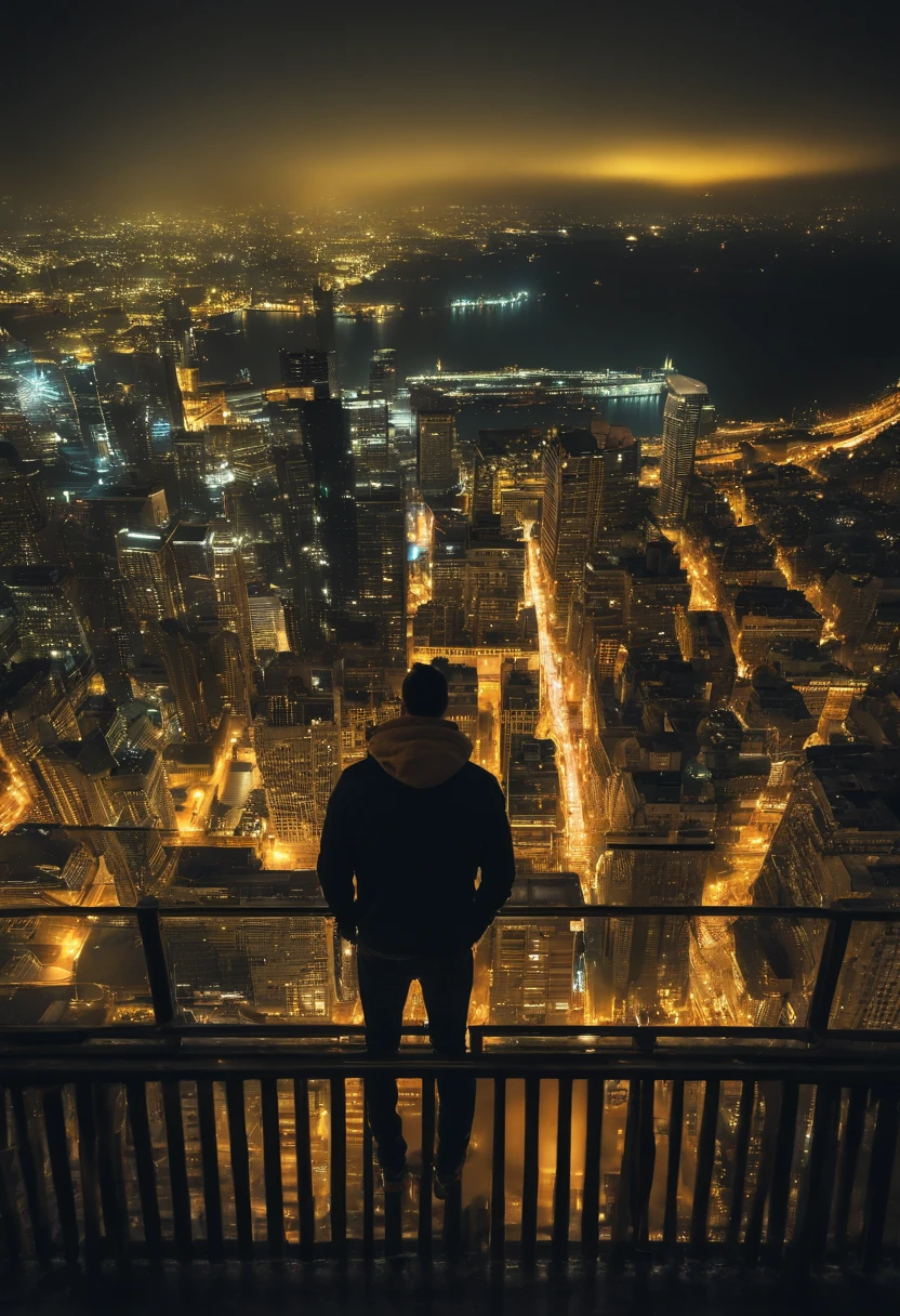 Its night time with night sky . a man on top of building standing and looking towards the city all building are glowing yellowish