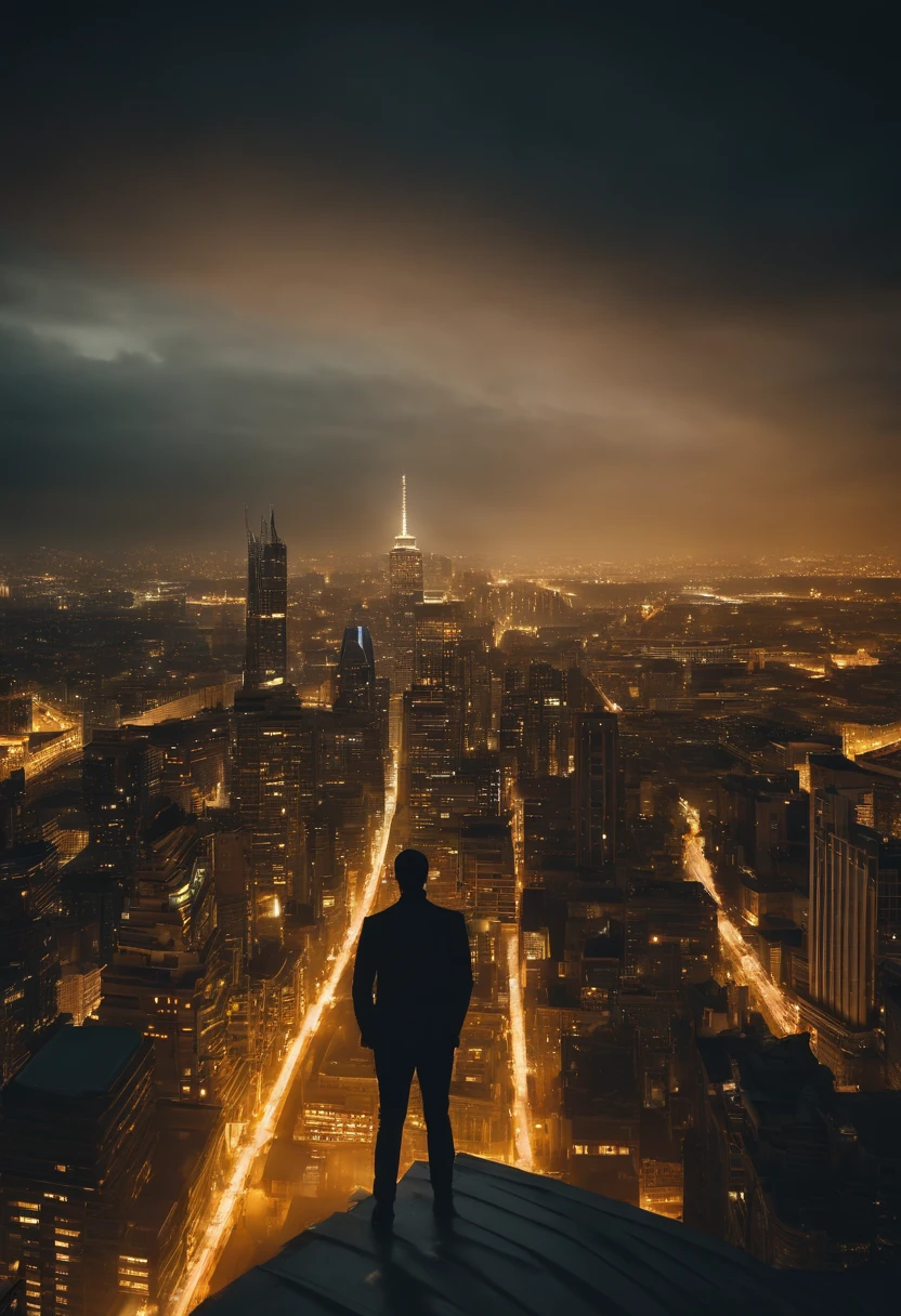 Its night time with night sky . a man on top of building standing and looking towards the city all building are glowing yellowish