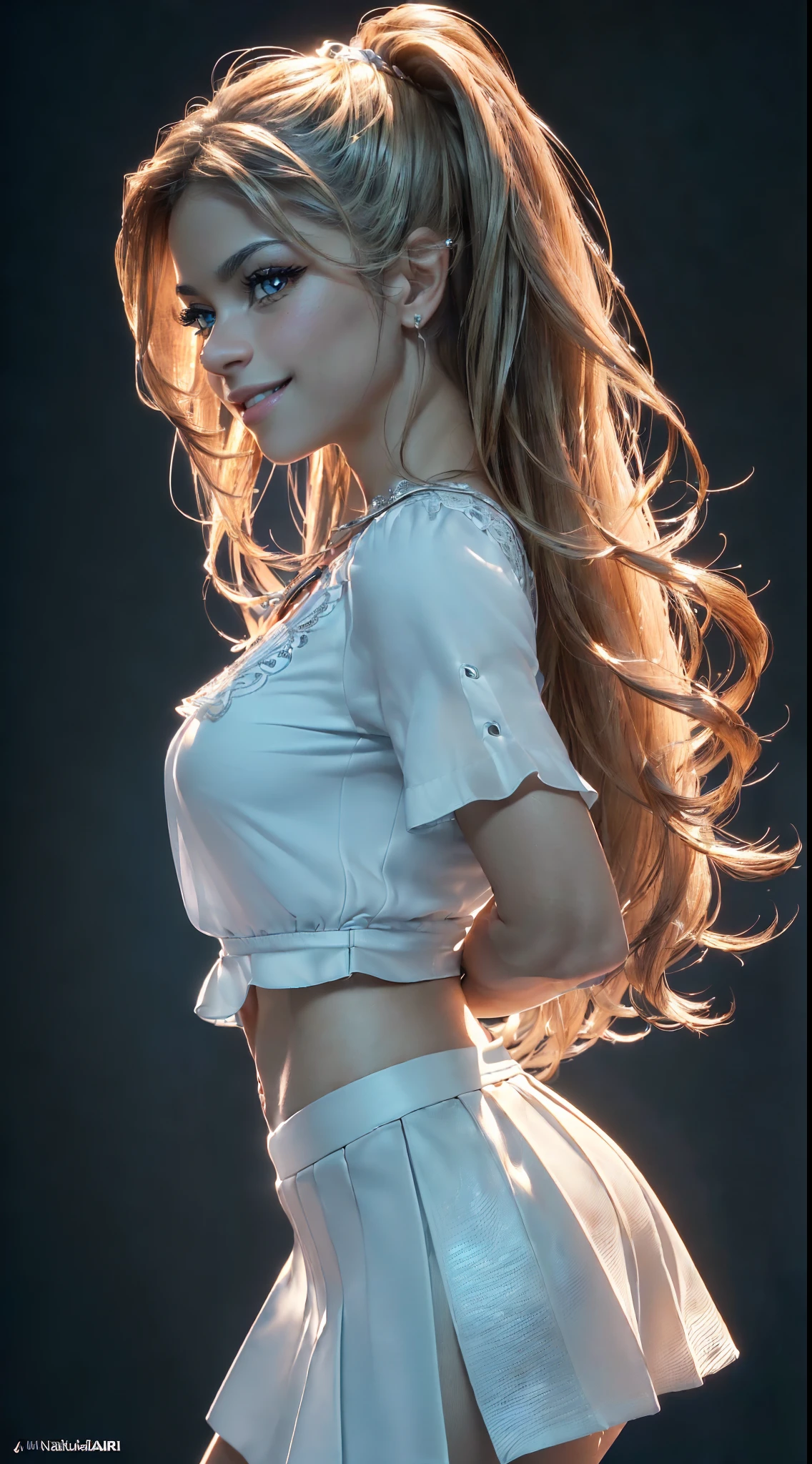 ((side view)), ((ultra high definition)), ((ultra high resolution)), ((full sharpness)), ((maximum quality)), ((Cinematic)), ((8k)), ((Shakira)), ((Shakira Isabel Mebarak Ripoll)), ((totally identical)), ((extremely beautiful)), ((alone)), ((full body)), ((ultra detailed face)), ((ultra detailed eyes)), ((ultra realist eyes)), ((ultra detailed irises)), ((same irises)), ((perfect irises)), ((perfect body)), ((ultra delicate hands)), ((ultra detailed hands)), ((small hands)), ((ultra detailed fingers)), ((natural lighting)), ((malicious smile)), ((smooth skin)), ((totally ultra realistic)), ((repeat the same face)), ((always the same face)), ((repeat always the same face)), ((always the same body)), ((always the same proportions)), ((flat belly)), ((looking at the camera)), ((wearing a micro skirt and micro blouse)), ((nice body))