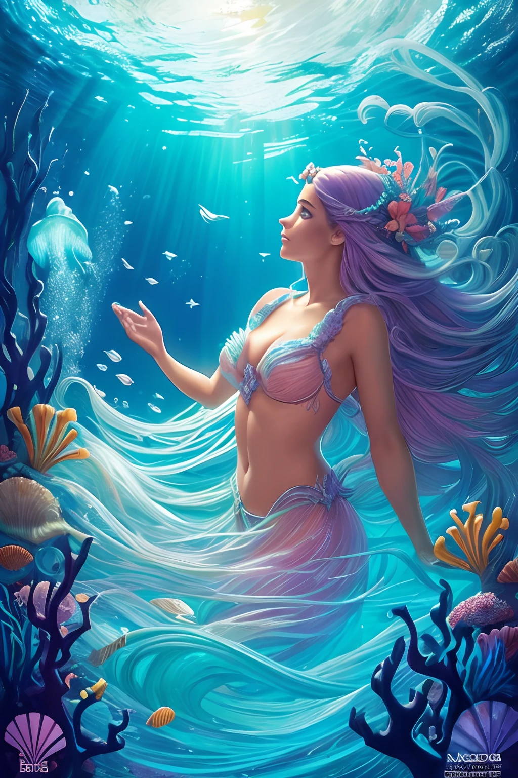 Arte inspirada John BUSCEMA,(best quality,4k,8k,A high resolution,master part:1.2),ultra-detalhado,Sereias tentadoras,((Mulheres Bonitas+rabo de peixe)),Escalas cintilantes,ethereal beauty,A mysterious underwater world,oceano cintilante,iluminado pela luz da lua,Lush underwater flora,flowing hair,Rainbow Palette,Beautiful shell and coral decoration,Deixe-se cativar pelo mar profundo,Charme hipnotizante,Mythological creatures,assombrosamente bela,atmosfera hiper-realista,Ethereal and graceful,Poderoso e elegante,directed by John Buscema