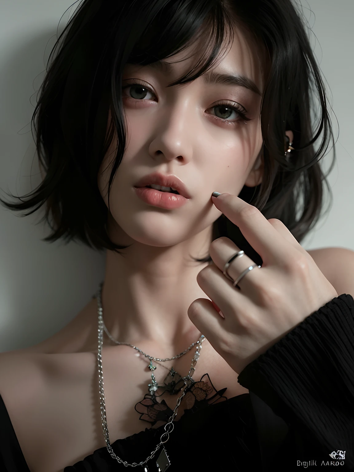Woman with a tattoo on her arm and a necklace, cruel korean goth girl, Ulzzang, com cabelos curtos, Ela tem cabelo preto com franja, 🤤 retrato da , Jinyoung Canela, com cabelo curto com franja, meninana, preto hime corte cabelo, 18 anos, goth girl aesthetic, 19-year-old girl